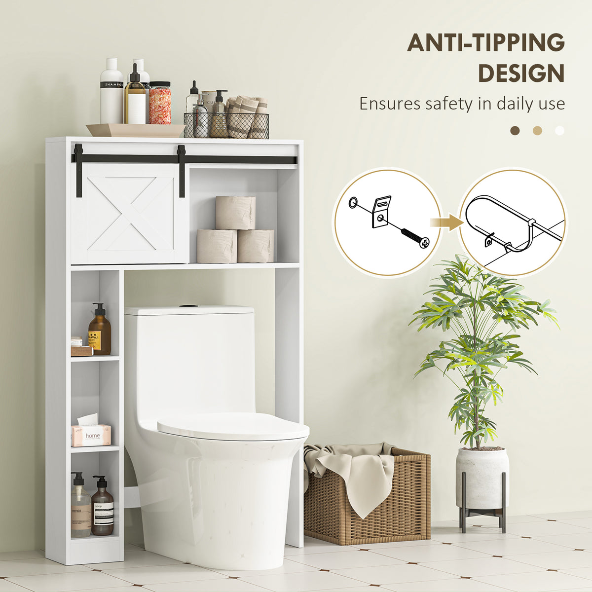 Over-Toilet Storage Cabinet with Sliding Barn Door, Farmhouse Bathroom Cabinet with Compartments & Adjustable Shelf, Freestanding Bathroom Space Saver for Restroom, White