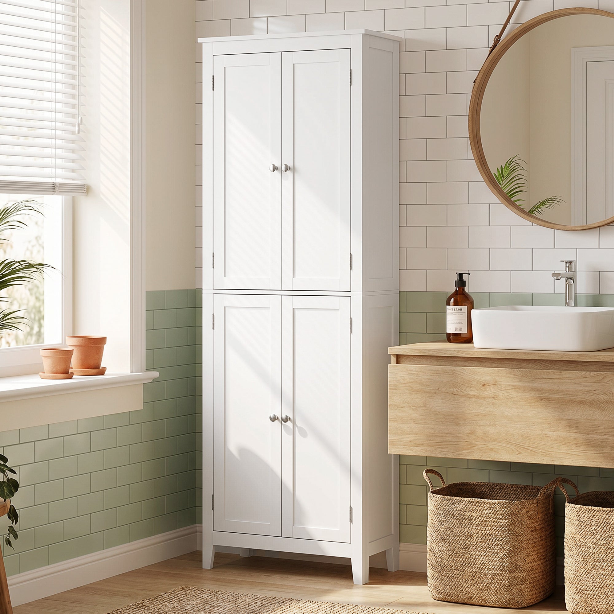 170 cm Tall Bathroom Storage Cabinet, Freestanding Narrow Bathroom Cabinet with Adjustable Shelves for Laundry Room, Living Room, Entryway, Kitchen, White