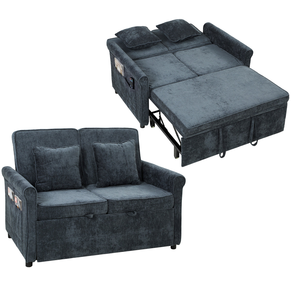 2 Seater Sofa Bed, 3-in-1 Convertible Pull Out Double Sleeper Sofa 190 x 130 cm, 5-Position Adjustable Backrest, Chenille Loveseat Bed Settee for Living Room, Bedroom, Guest Room, Dark Blue