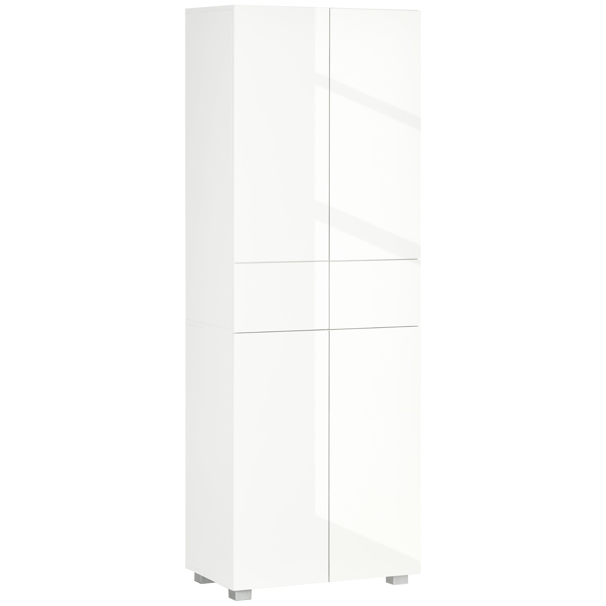 4-Door Kitchen Cupboard, Tall Freestanding 5-Tier Storage Cabinet with 3 Adjustable Shelves, 2 Drawers for Living Room, Dining Room, Push to Open Design, High Gloss White