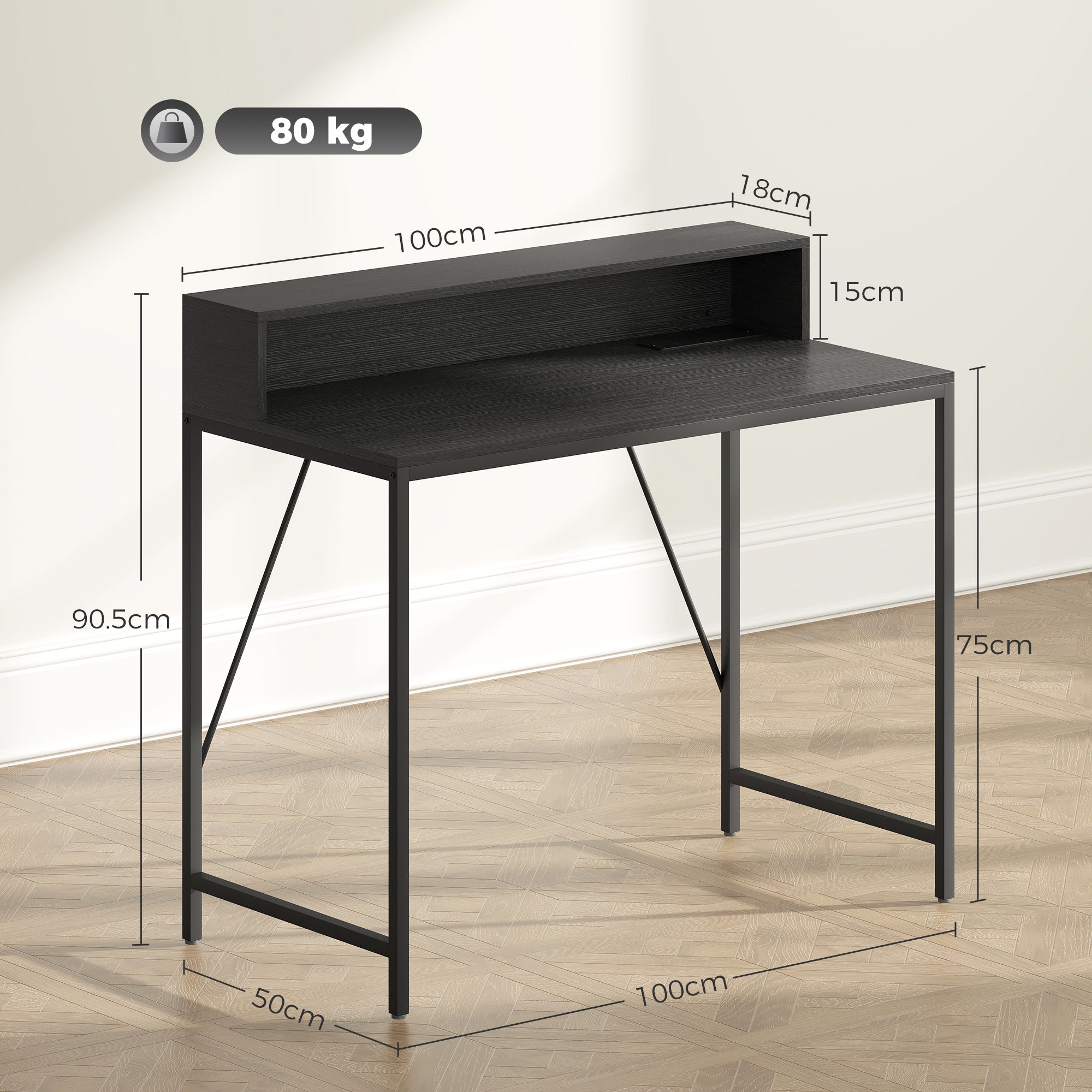 100cm Computer Desk with LED Lights and Power Outlets, Gaming Desk with Monitor Stand, Computer Table with Remote for Home Office Study, Black Wood-Effect