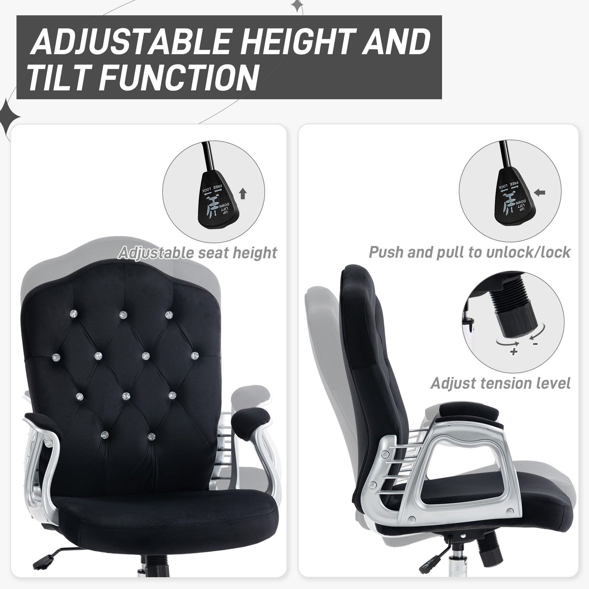 Velvet Office Chair Desk Chair with 360 Degree Swivel Wheels Adjustable Height Tilt Function Black