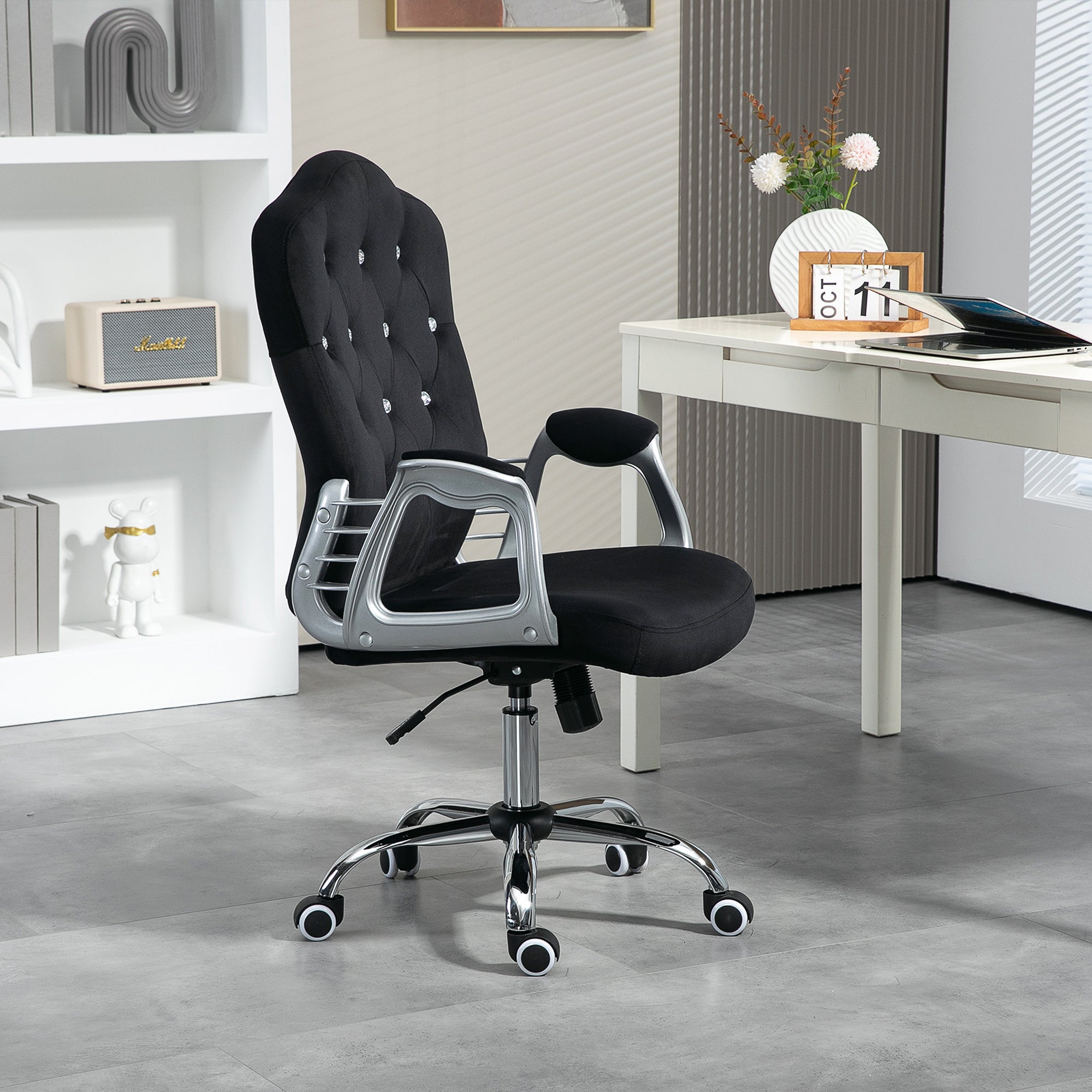 Velvet Office Chair Desk Chair with 360 Degree Swivel Wheels Adjustable Height Tilt Function Black