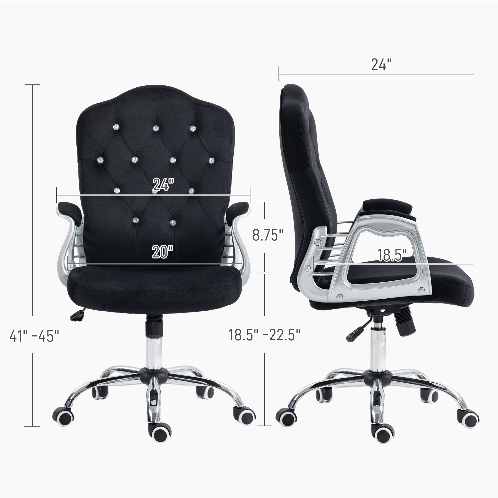 Velvet Office Chair Desk Chair with 360 Degree Swivel Wheels Adjustable Height Tilt Function Black