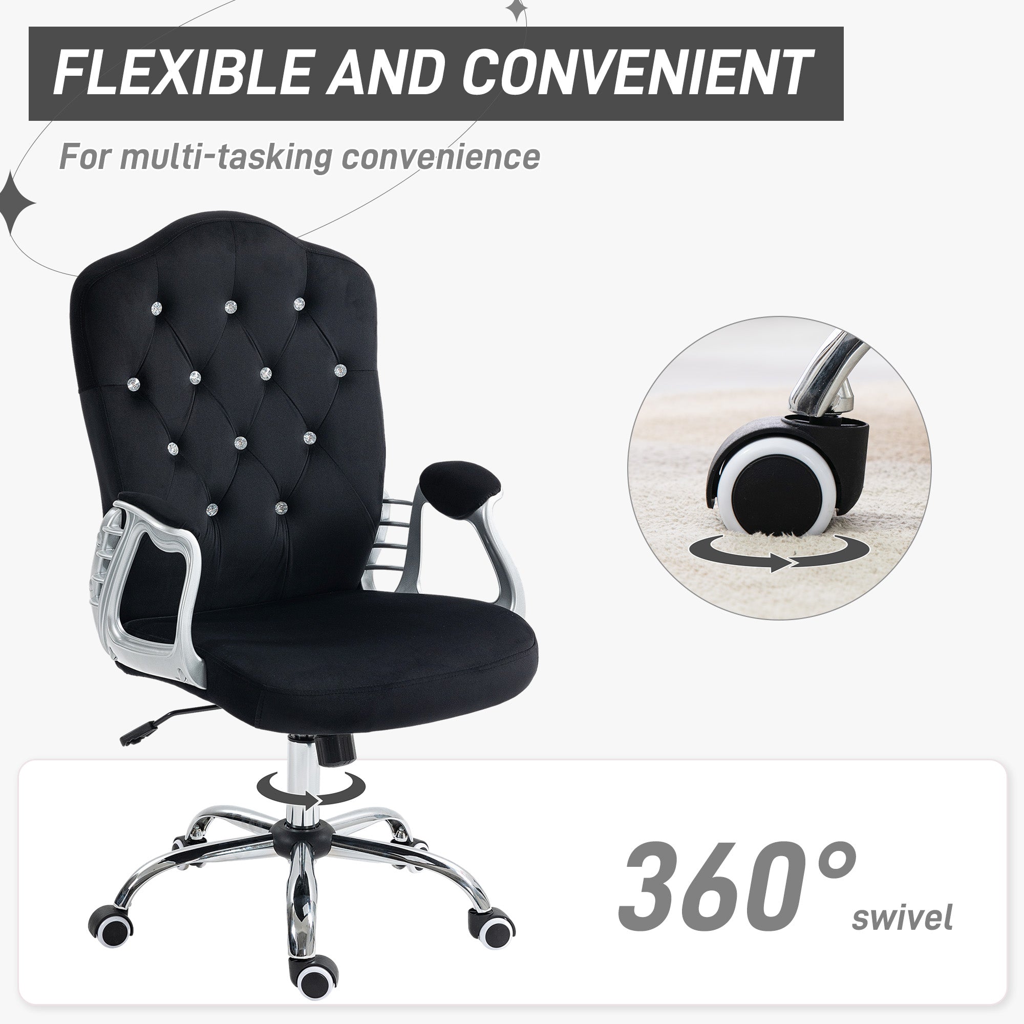 Velvet Office Chair Desk Chair with 360 Degree Swivel Wheels Adjustable Height Tilt Function Black