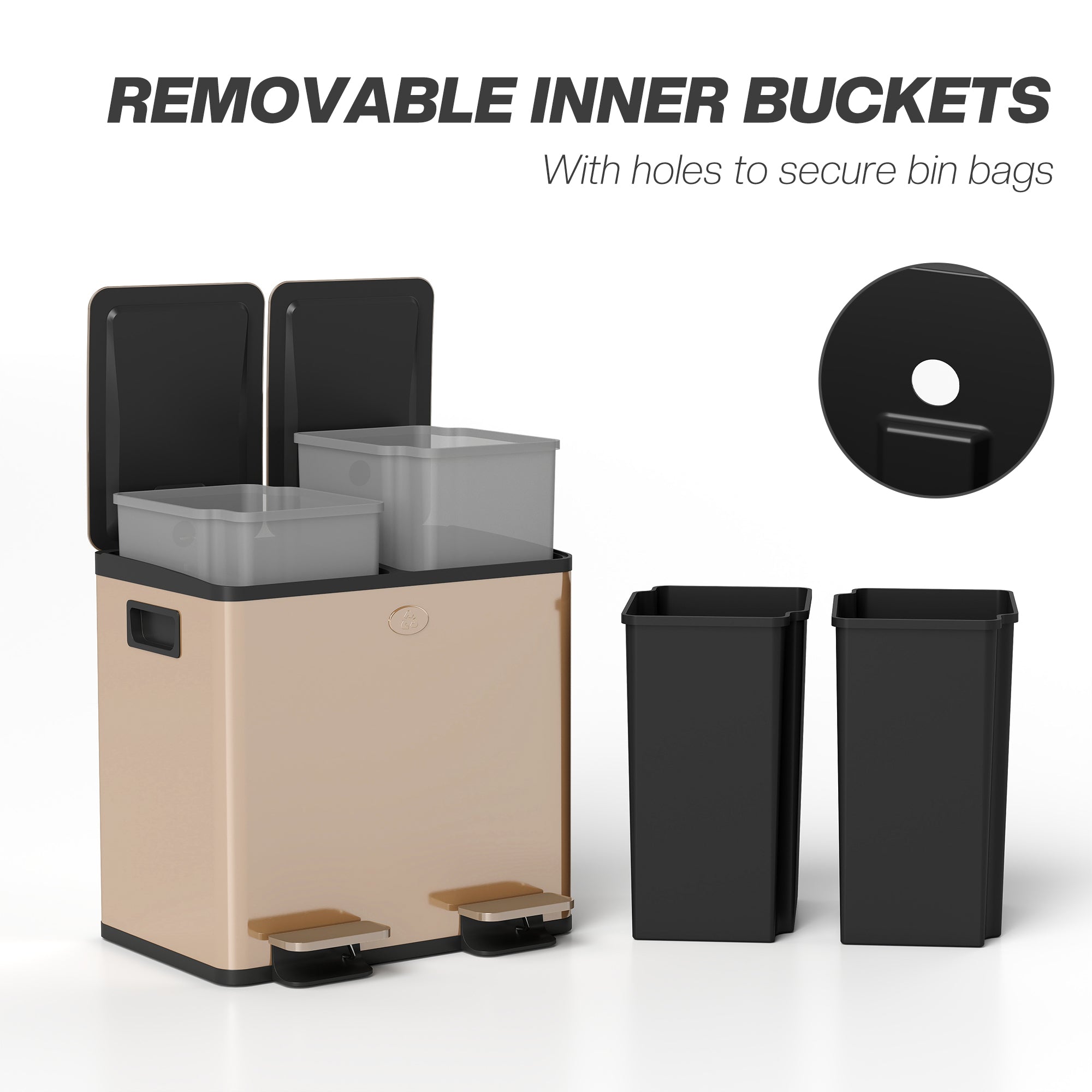 Dual Kitchen Bin, 2 x 15L Stainless Steel Double Rubbish Bin with Soft Close Lid, Removable Inner Buckets, Fingerprint-Proof for Recycling and Waste, Gold Tone