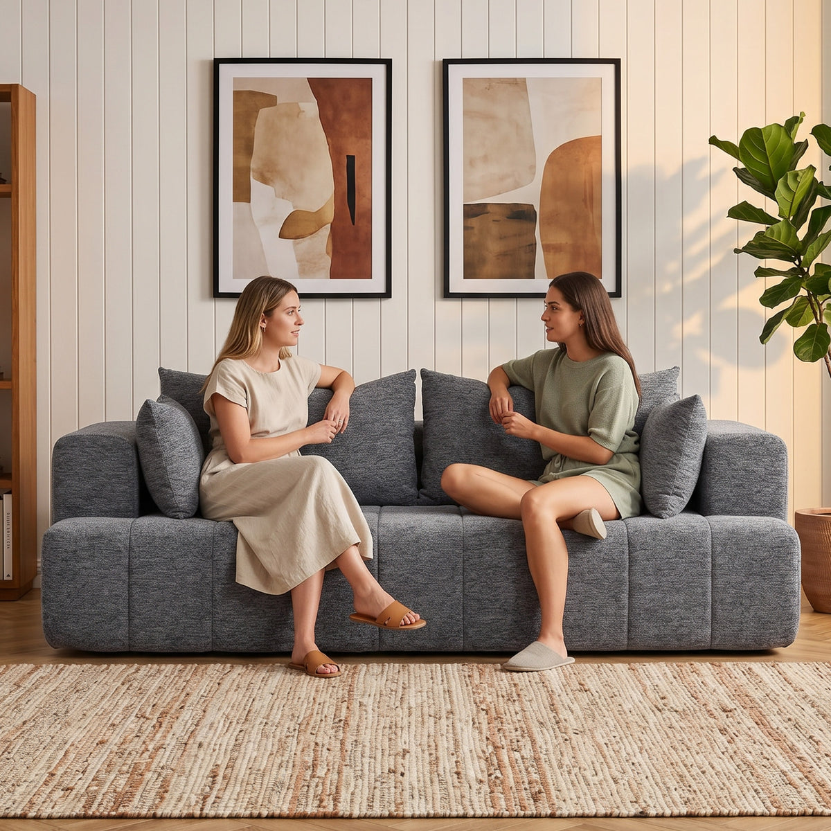 3 Seater Sofa, Chenille Boneless Cloud Couch with Thick Spring Cushion, Wide and Deep Seat, Wide Armrests, 2 Pillows, Anti-Slip Bottom, Modern Sofa Settee for Living Room, Grey