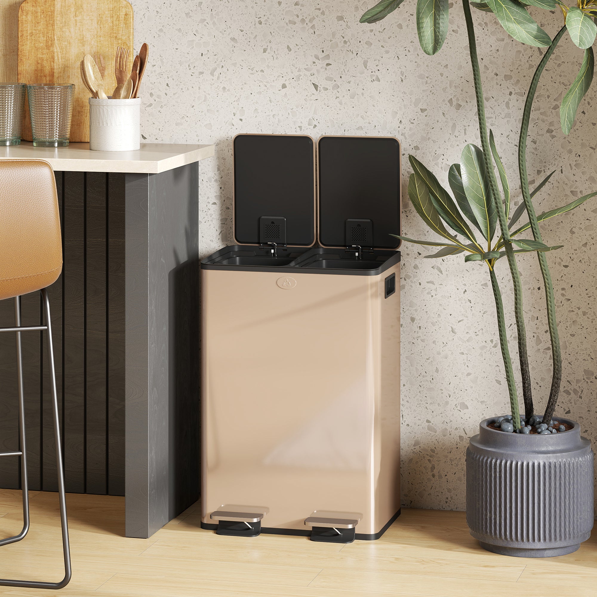 Dual Kitchen Bin, 2 x 28L Stainless Steel Double Rubbish Bin with Soft Close Lid, Removable Inner Buckets, Fingerprint-Proof for Recycling and Waste, Gold Tone