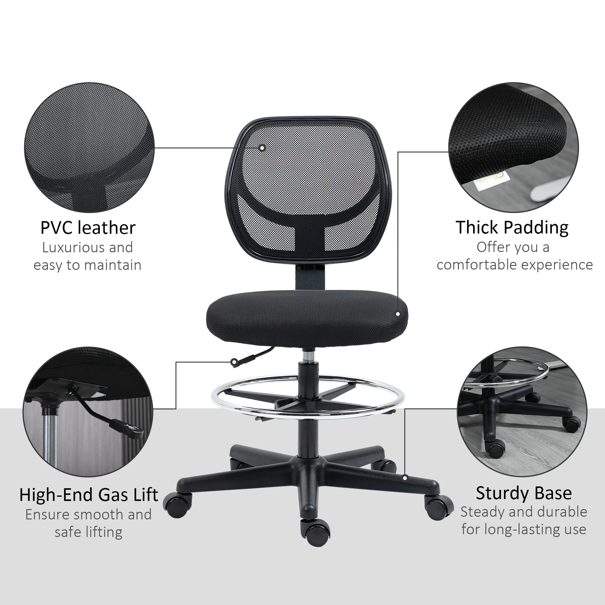Vinsetto Drafting Chair, Standing Desk Chair, Painting Chair with Adjustable Height, Footrest Ring, Black