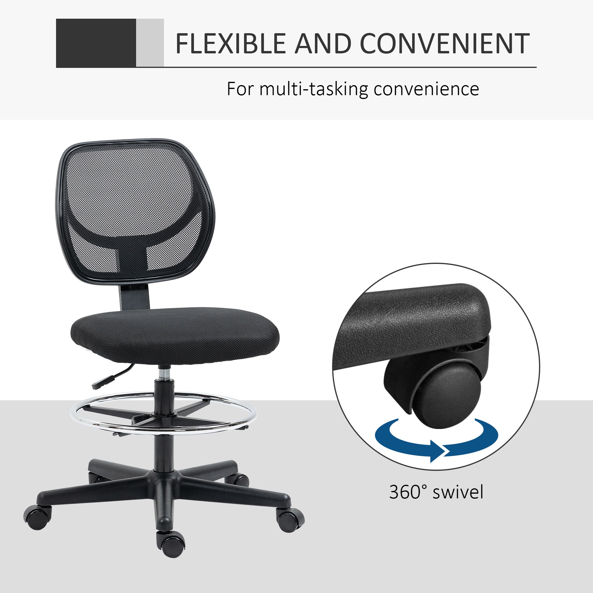 Vinsetto Drafting Chair, Standing Desk Chair, Painting Chair with Adjustable Height, Footrest Ring, Black