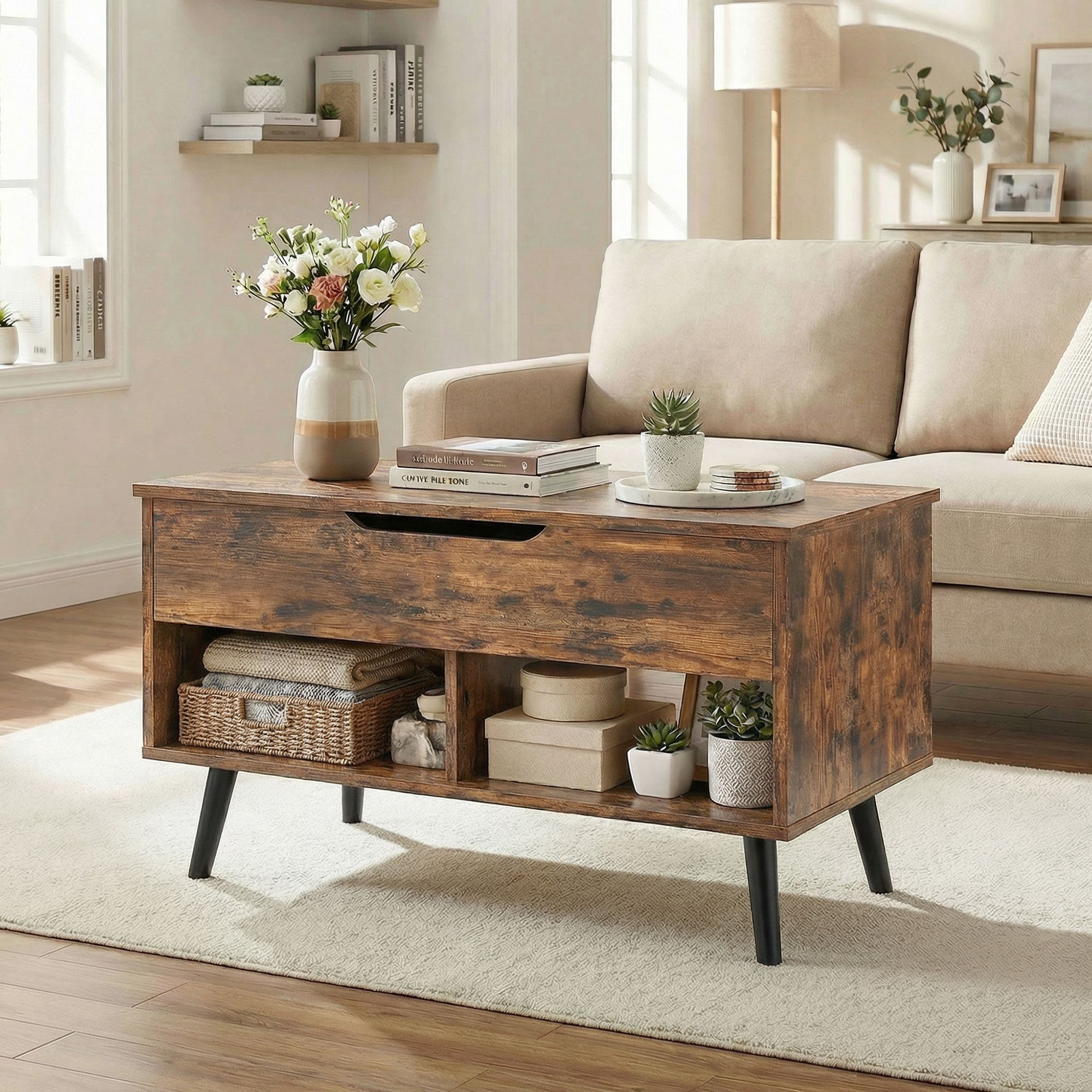 Industrial Lift Top Coffee Table, Living Room Table with Hidden Compartment, Open Shelves and Metal Legs, 75 cm, Rustic Brown
