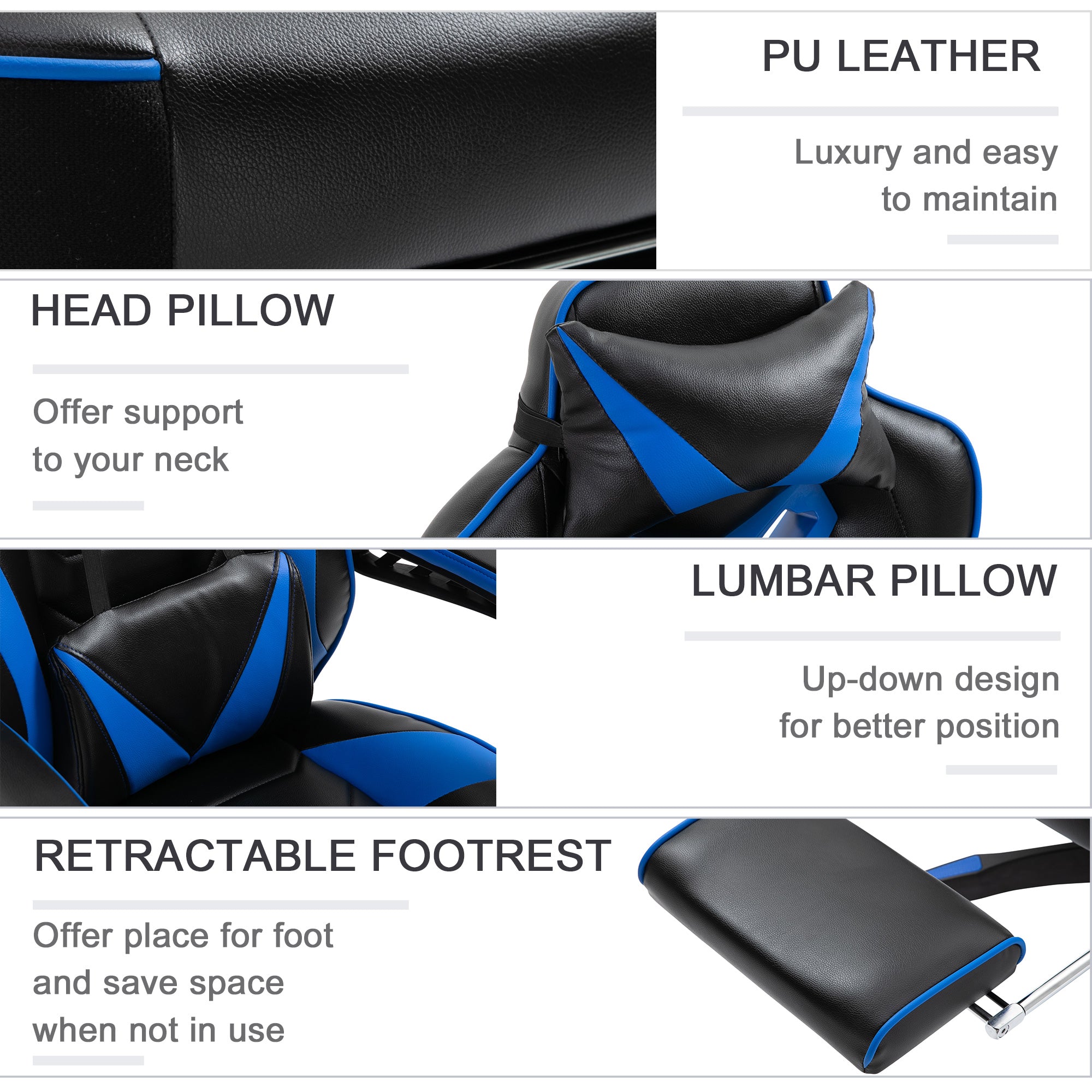 Vinsetto Computer Gaming Chair, Racing Desk Chair with Lumbar Support and Footrest, PU Leather Gamer Chair with Headrest and Swivel Wheels for Home, Blue