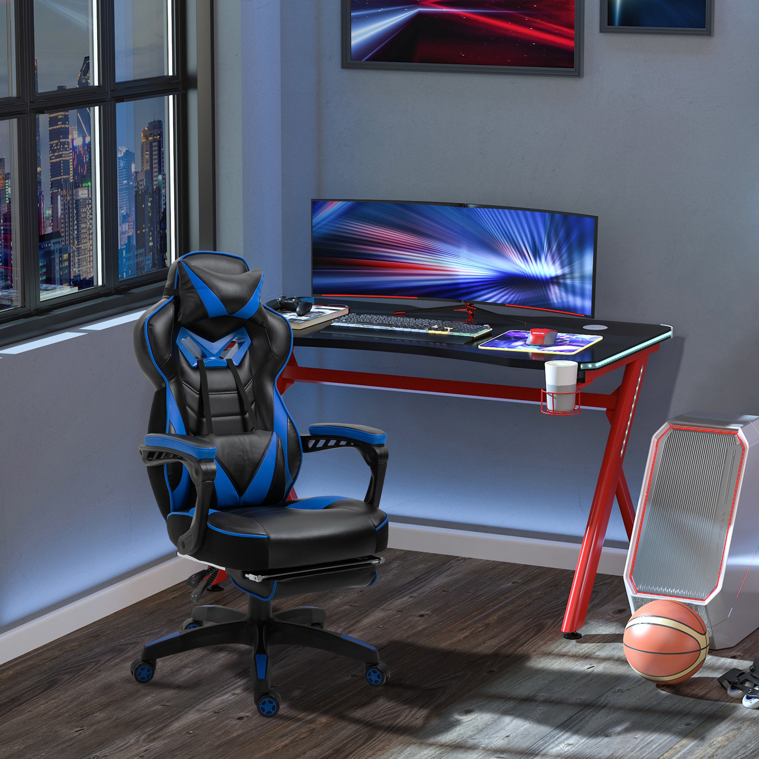 Vinsetto Computer Gaming Chair, Racing Desk Chair with Lumbar Support and Footrest, PU Leather Gamer Chair with Headrest and Swivel Wheels for Home, Blue