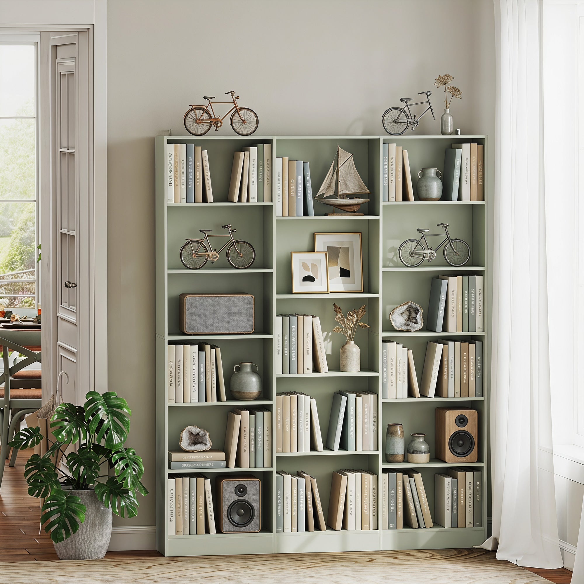 Bookcase with 17 Compartments, 6-Tier Tall Bookshelf with 17 Cubes, Adjustable Shelves, Freestanding Shelving Unit Display Shelf for Home Office, Living Room, 149 x 23.6 x 188 cm, Light Green