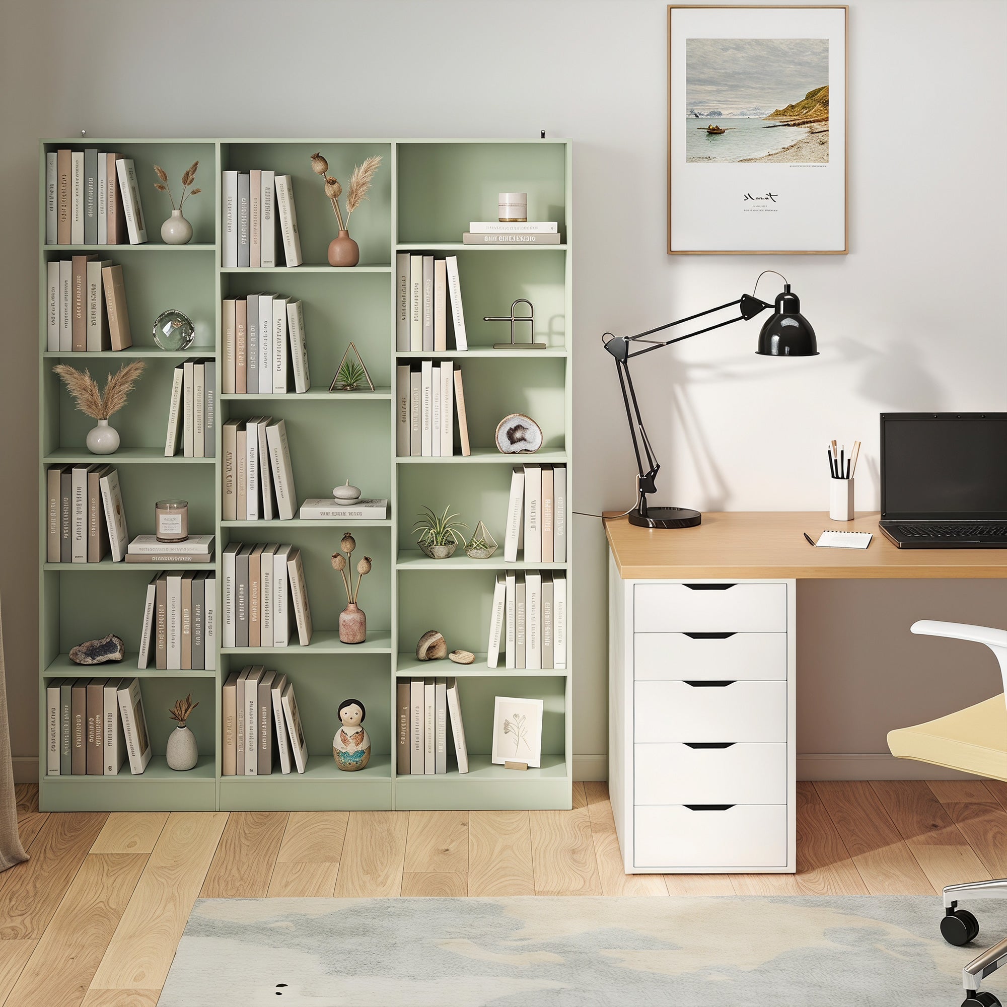 Bookcase with 17 Compartments, 6-Tier Tall Bookshelf with 17 Cubes, Adjustable Shelves, Freestanding Shelving Unit Display Shelf for Home Office, Living Room, 149 x 23.6 x 188 cm, Light Green