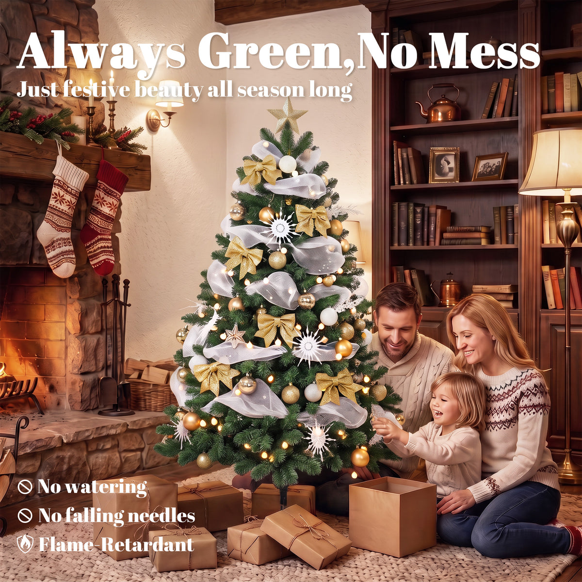 5ft Pre-Lit Christmas Tree with 150 LED Lights, Artificial Xmas Tree with 8 Lighting Modes, 450 Tips, Balls, Ribbons, Bows, Remote, Foldable Metal Stand, Green