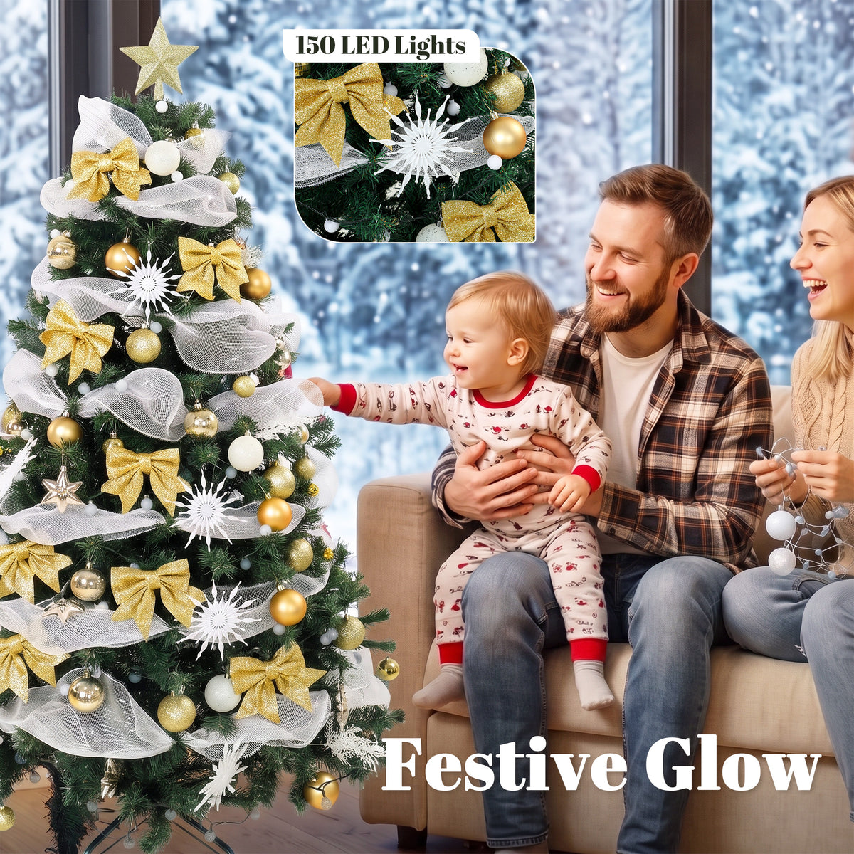 5ft Pre-Lit Christmas Tree with 150 LED Lights, Artificial Xmas Tree with 8 Lighting Modes, 450 Tips, Balls, Ribbons, Bows, Remote, Foldable Metal Stand, Green