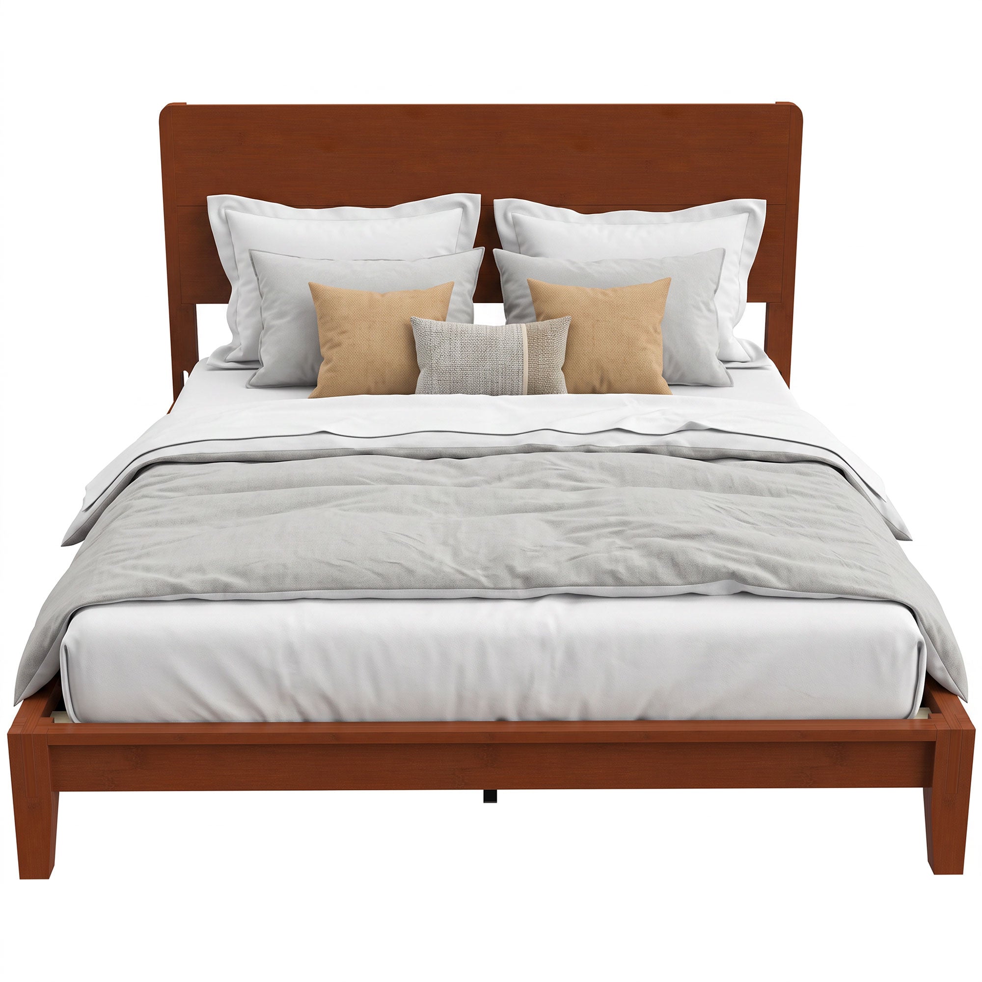 Queen Size Bamboo Platform Bed Frame with Headboard, Bed Frame with 12 Poplar Slats, No Box Spring Needed, Easy Assembly, Brown