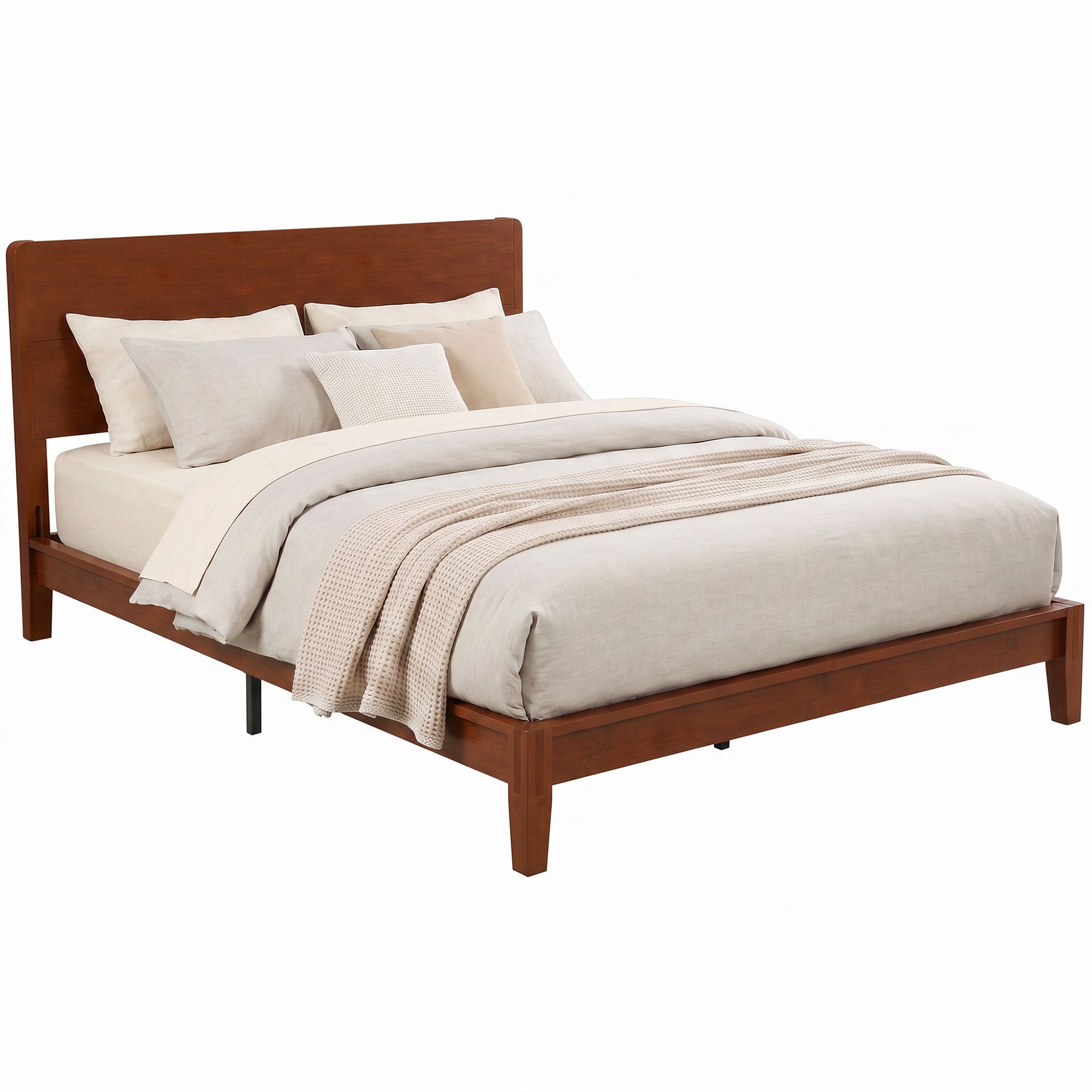 Queen Size Bamboo Platform Bed Frame with Headboard, Bed Frame with 12 Poplar Slats, No Box Spring Needed, Easy Assembly, Brown