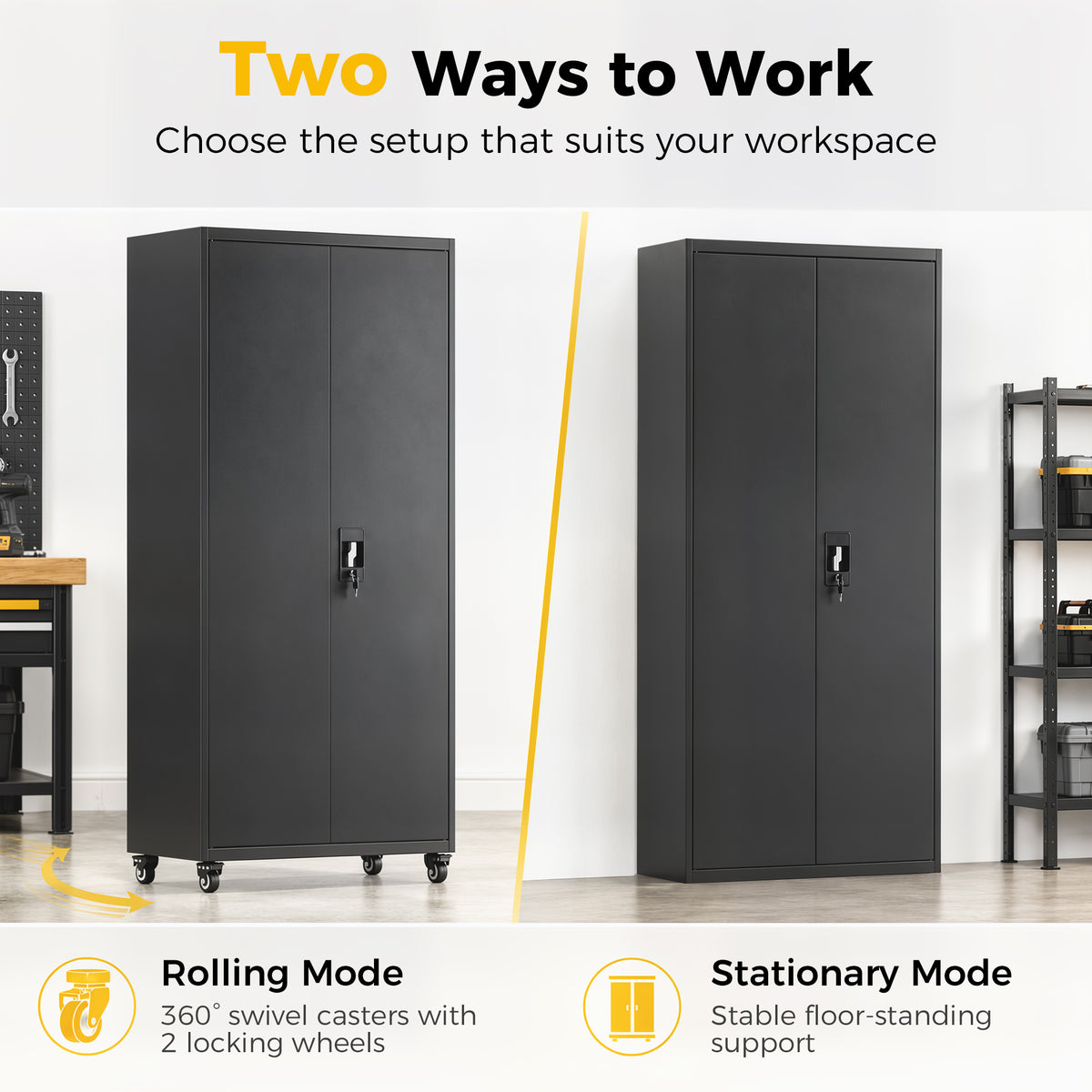 Metal Storage Cabinet, 71" Tall Lockable Steel Tool Cabinet with Removable Wheels, Rolling or Floor Standing Garage Storage Organizer with Adjustable Shelves for Workshop Home Office