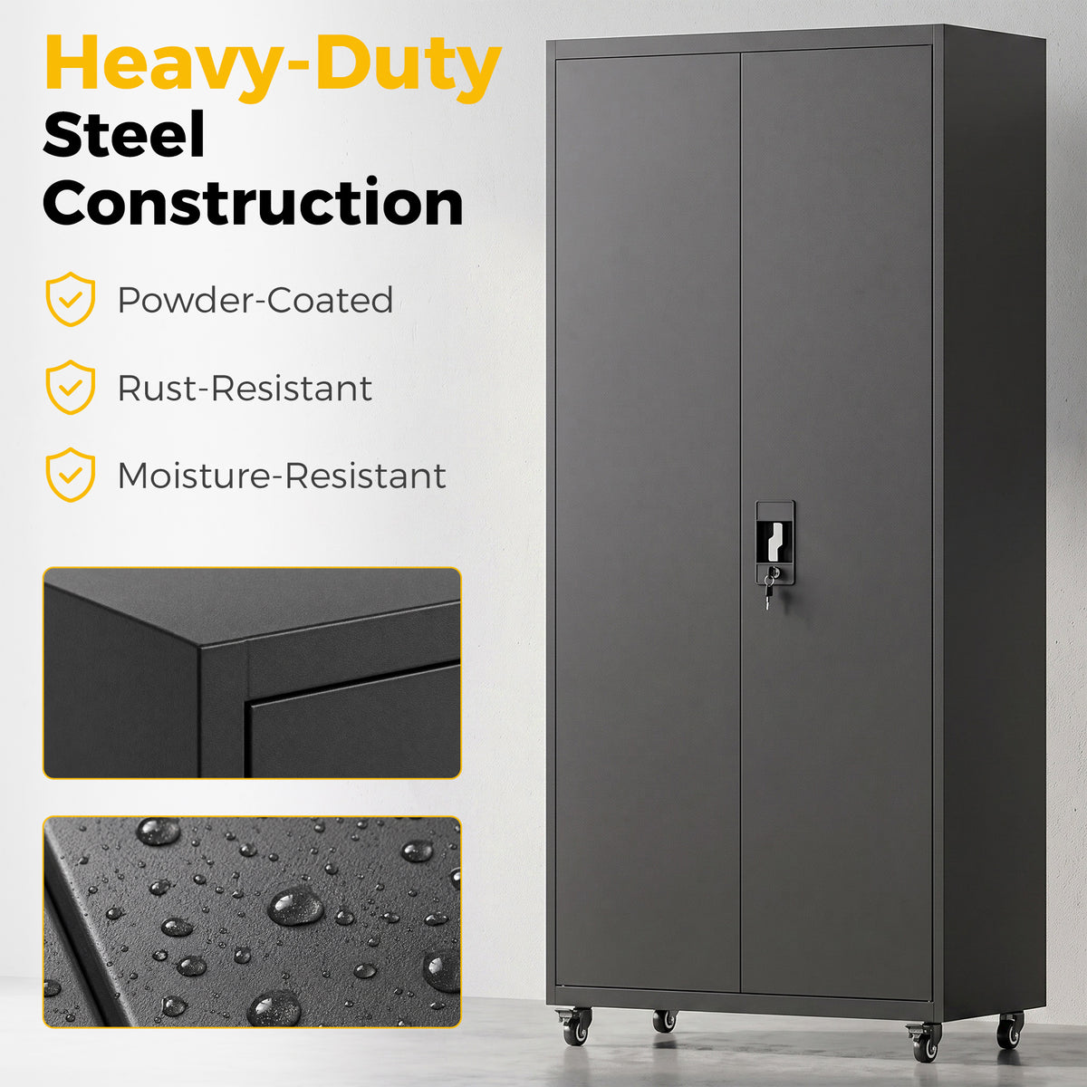 Metal Storage Cabinet, 71" Tall Lockable Steel Tool Cabinet with Removable Wheels, Rolling or Floor Standing Garage Storage Organizer with Adjustable Shelves for Workshop Home Office