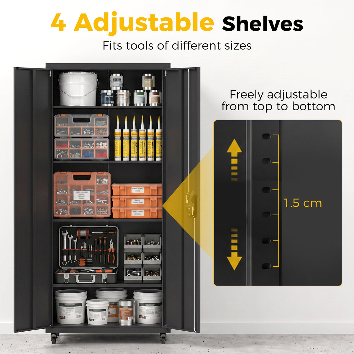 Metal Storage Cabinet, 71" Tall Lockable Steel Tool Cabinet with Removable Wheels, Rolling or Floor Standing Garage Storage Organizer with Adjustable Shelves for Workshop Home Office