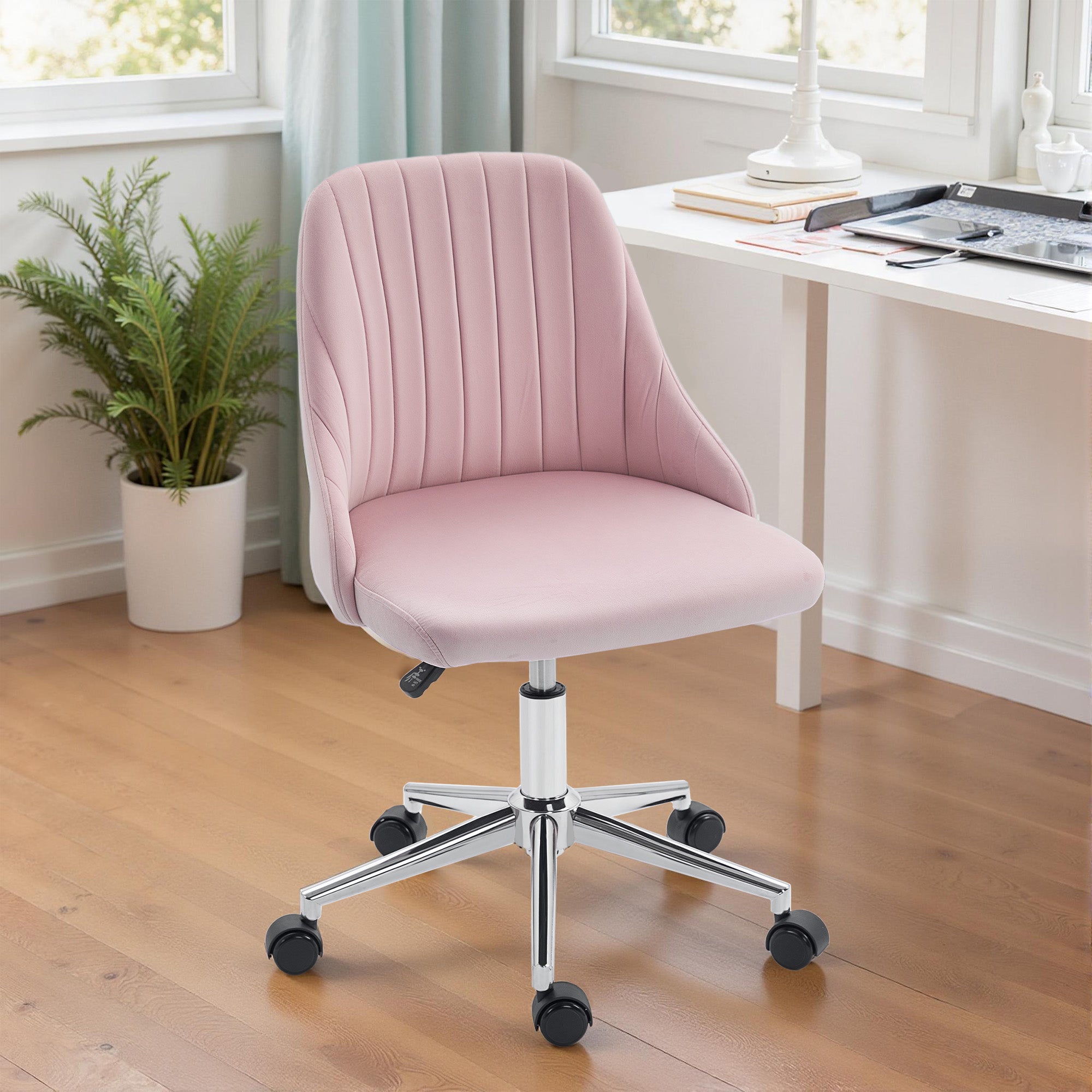 Vanity Chair for Makeup, Velvet Comfy Office Chair with Adjustable Height, Swivel Wheels for Bedroom, Living Room, Pink