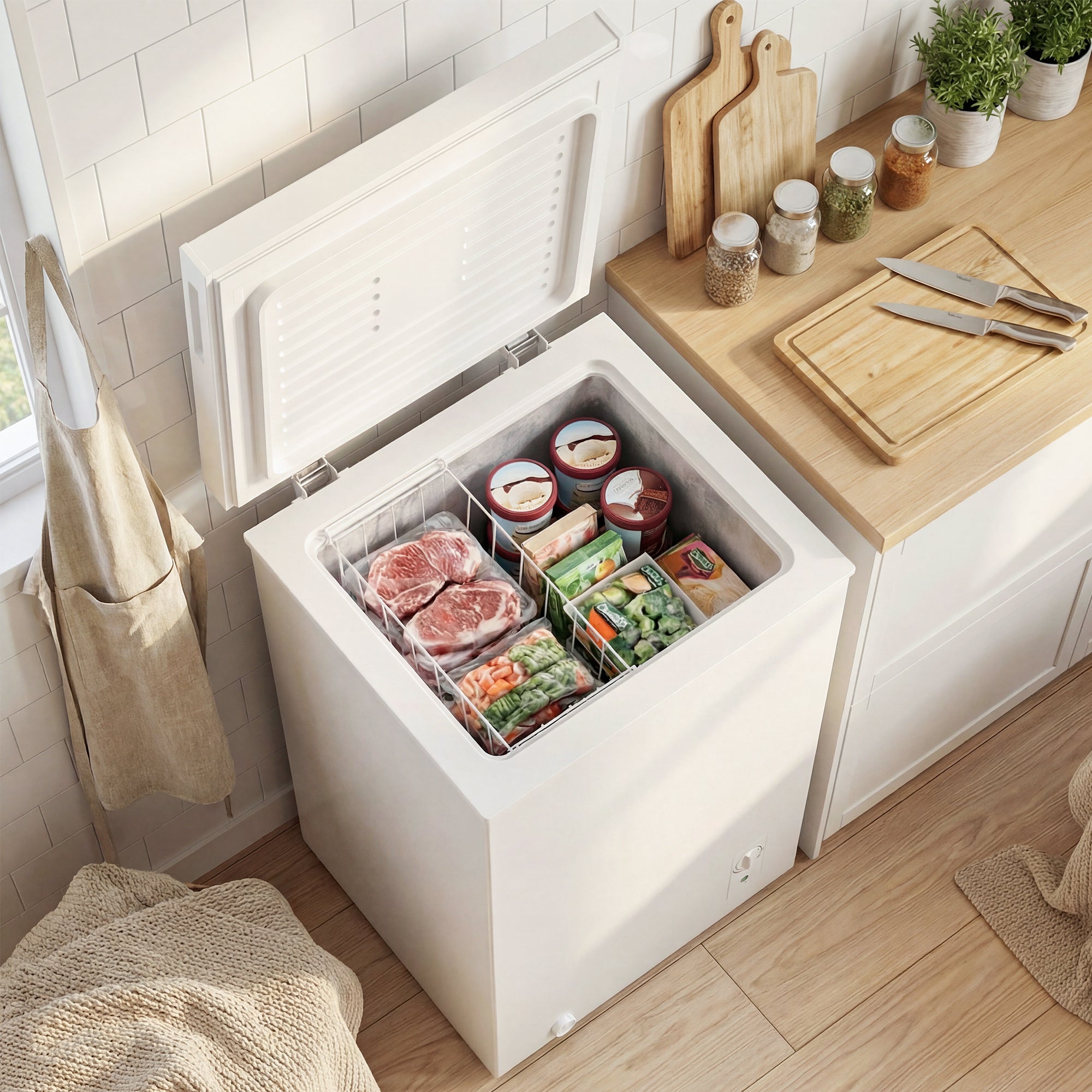 Mini Freezer, 3.5 Cu.Ft Compact Chest Freezer with 5-Setting Adjustable Thermostat, Wire Basket, Quiet Operation for Kitchen, Garage, Dining Room, White