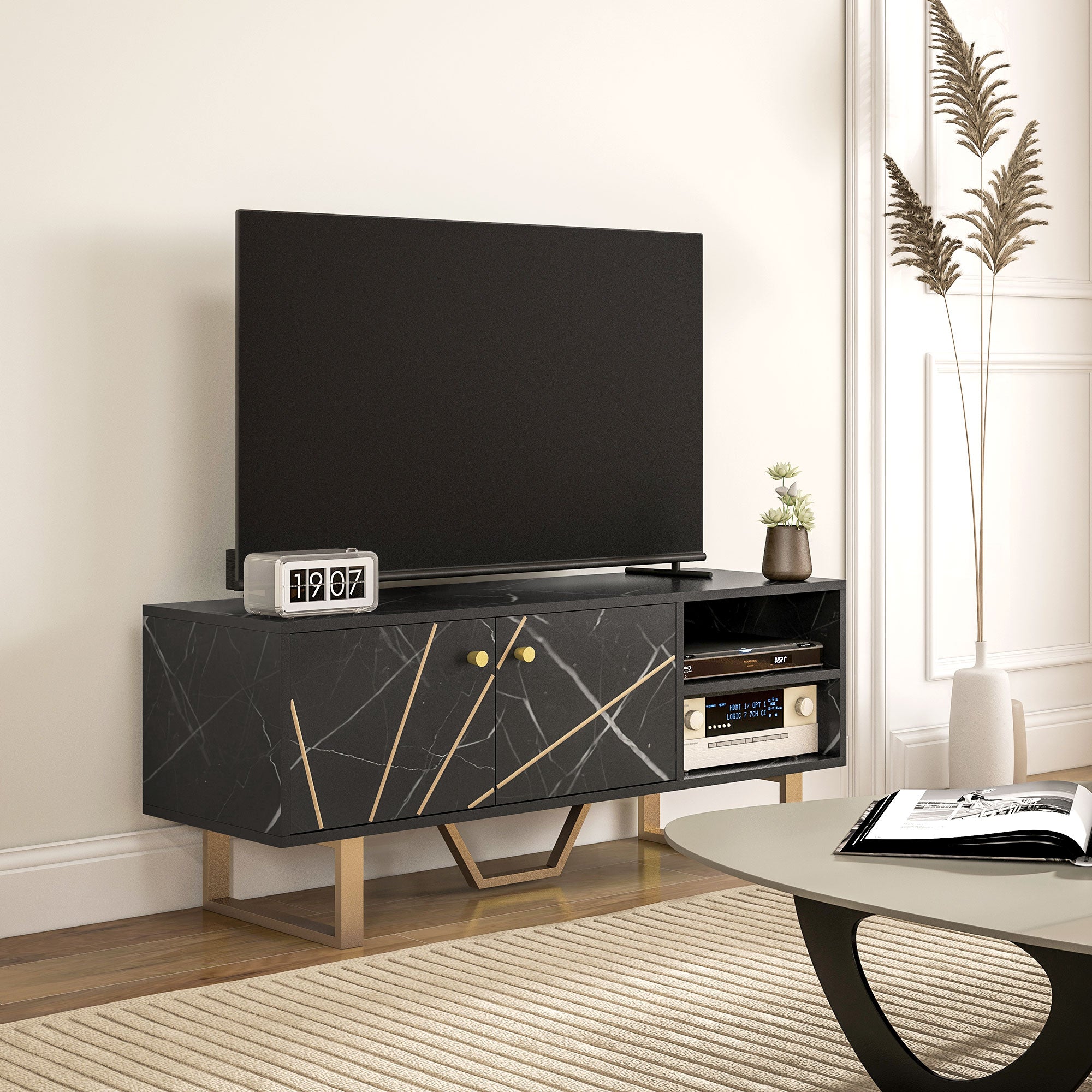 HOMCOM TV Stand Cabinet for TVs up to 50 Inches, TV Unit with Storage Shelves and Cupboard for Living Room, Black Marble Tone