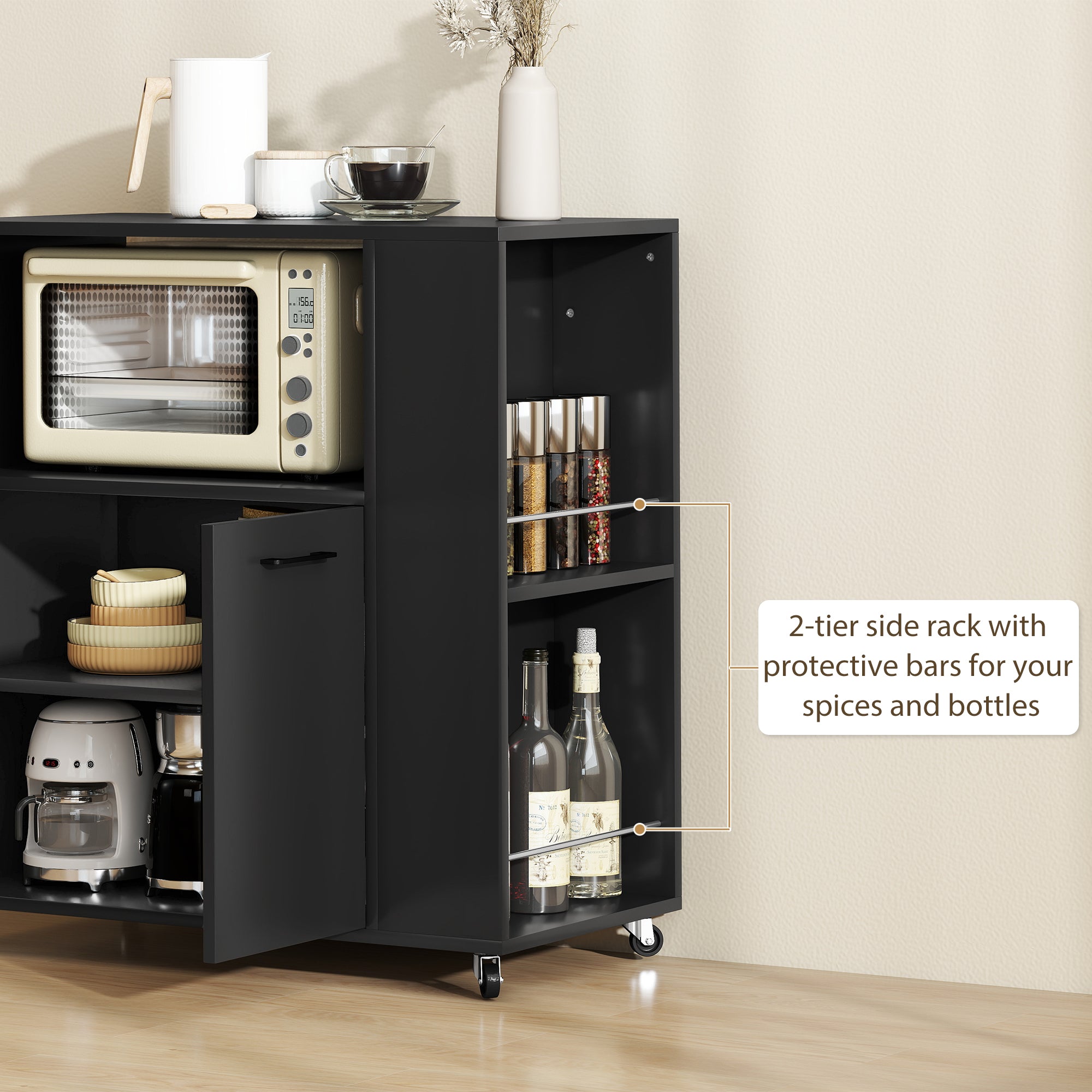 Kitchen Trolley on Wheels, Rolling Kitchen Island Cart with 2-Door Cabinet, Spice Rack and Adjustable Shelf, Storage Serving Trolley Cart for Dining Room, Living Room, Black