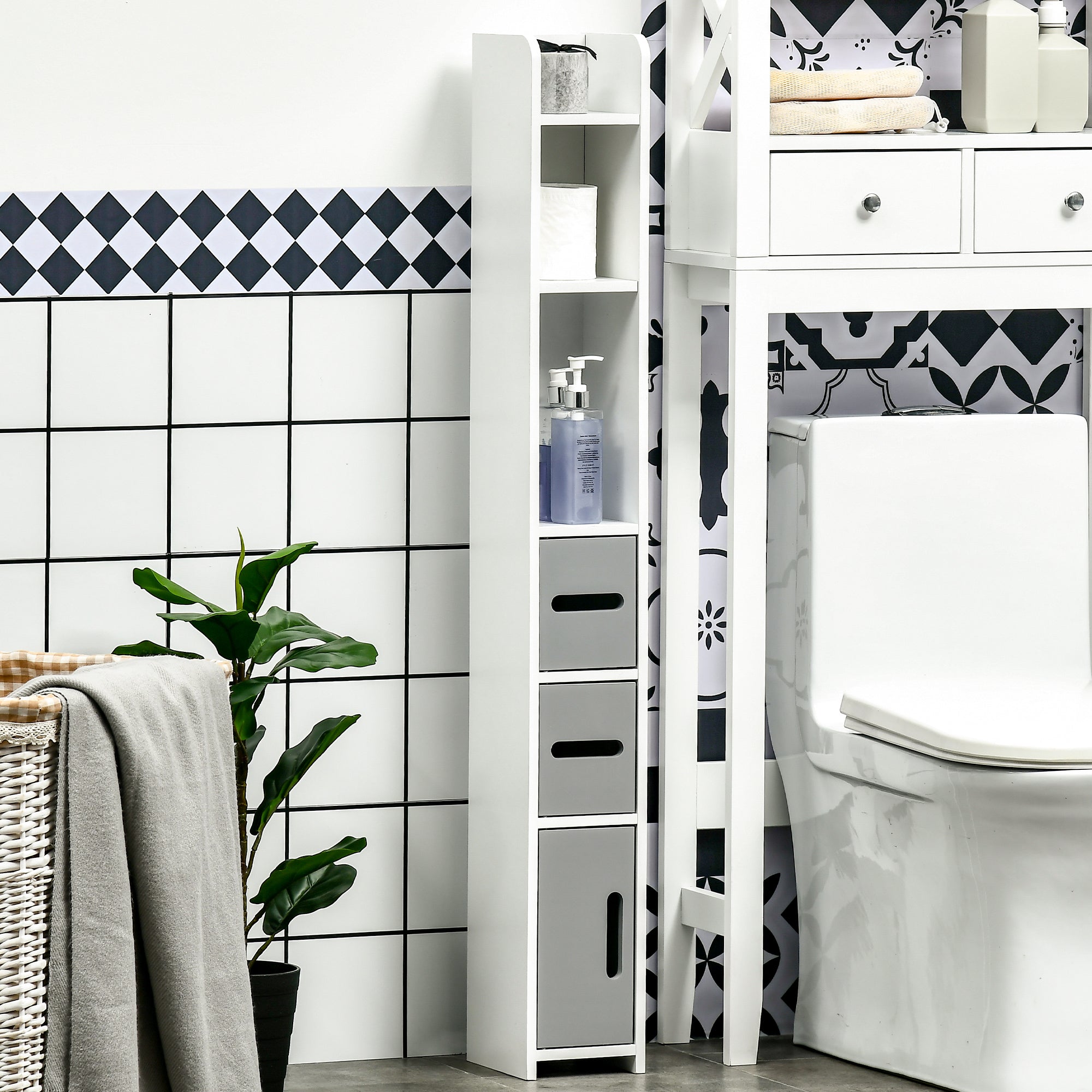 Narrow Bathroom Storage Cabinet, Freestanding Tall Bathroom Cabinet with Open Shelves and 3 Cupboards with Door for Bathroom, Grey and White