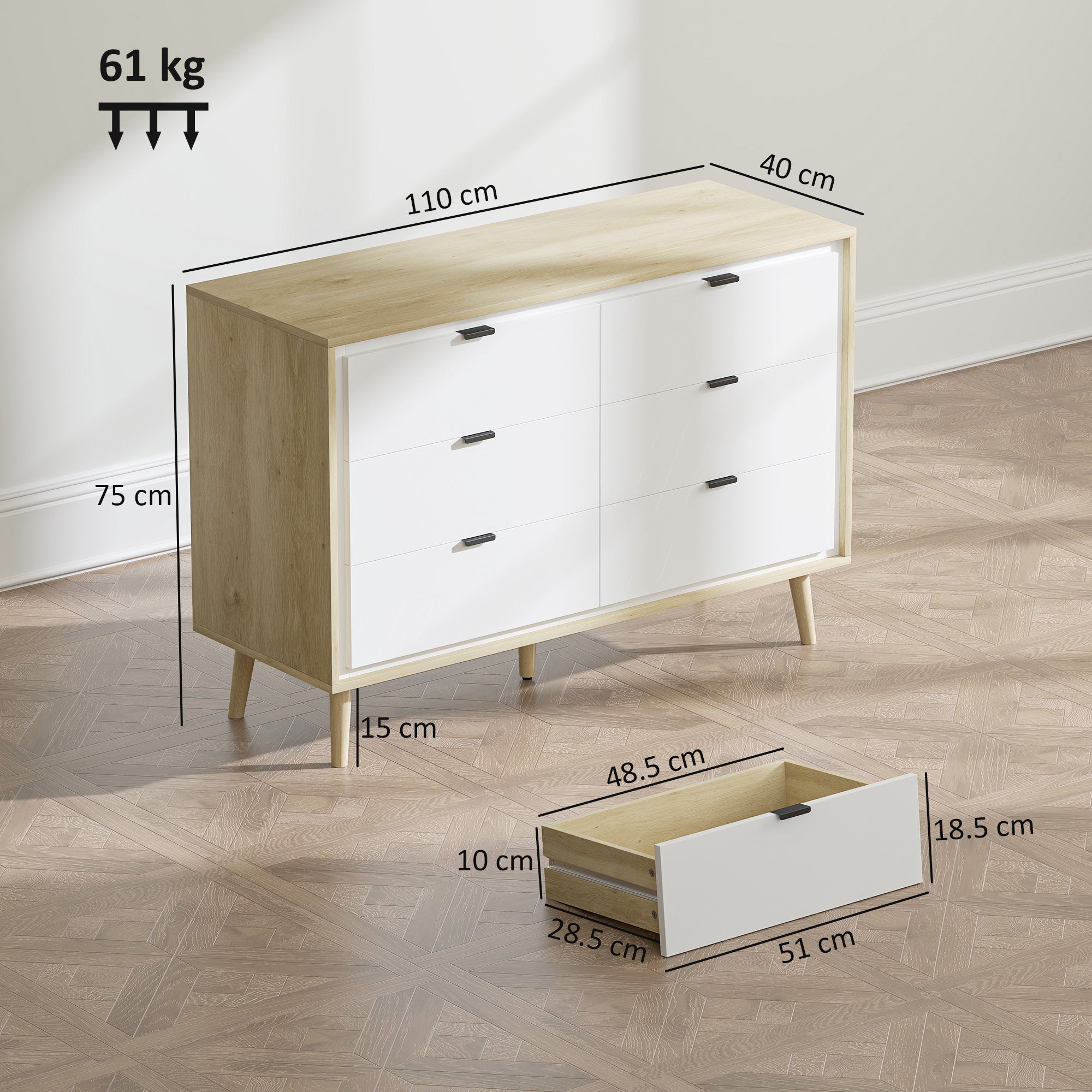 Chest of Drawers, 6 Drawer Dresser, Storage Cabinet with 6  Drawers and 5 Legs for Bedroom, Living Room,  High Gloss White