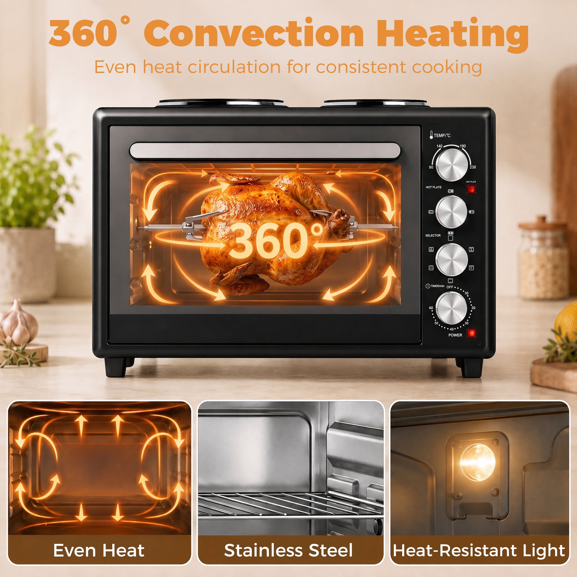36L Mini Oven with Dual Hot Plates, Electric Countertop Cooker with Convection, 90–230°C Adjustable Temperature, 60 Minute Timer, Portable Oven with Wire Rack & Baking Tray, 1500W, Black