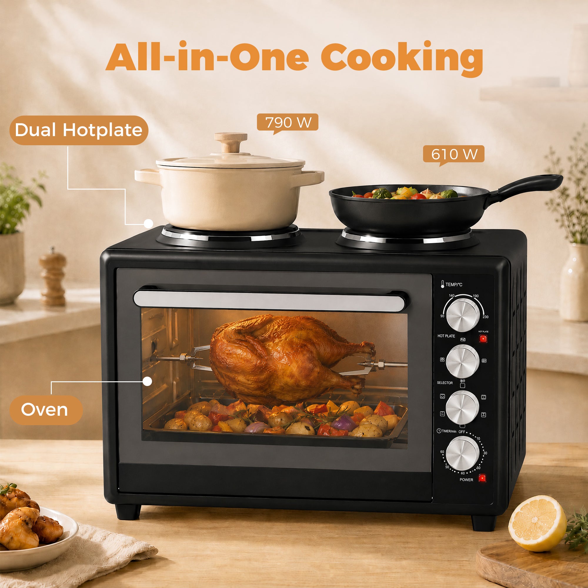 36L Mini Oven with Dual Hot Plates, Electric Countertop Cooker with Convection, 90–230°C Adjustable Temperature, 60 Minute Timer, Portable Oven with Wire Rack & Baking Tray, 1500W, Black