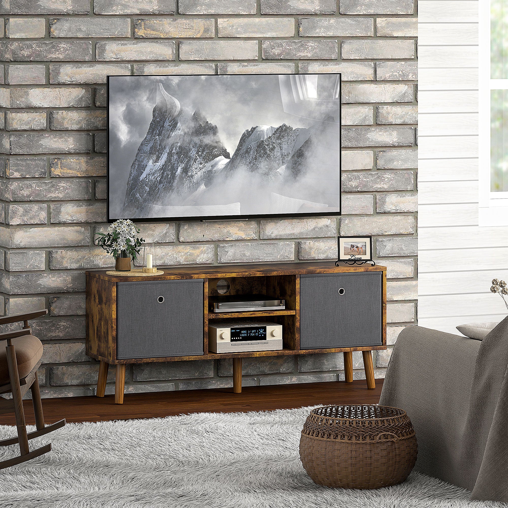 HOMCOM TV Cabinet Stand Unit for TVs up to 50" Flat Screen with Foldable Drawers and Shelves, Entertainment Centre for Living Room, Bedroom Rustic Brown