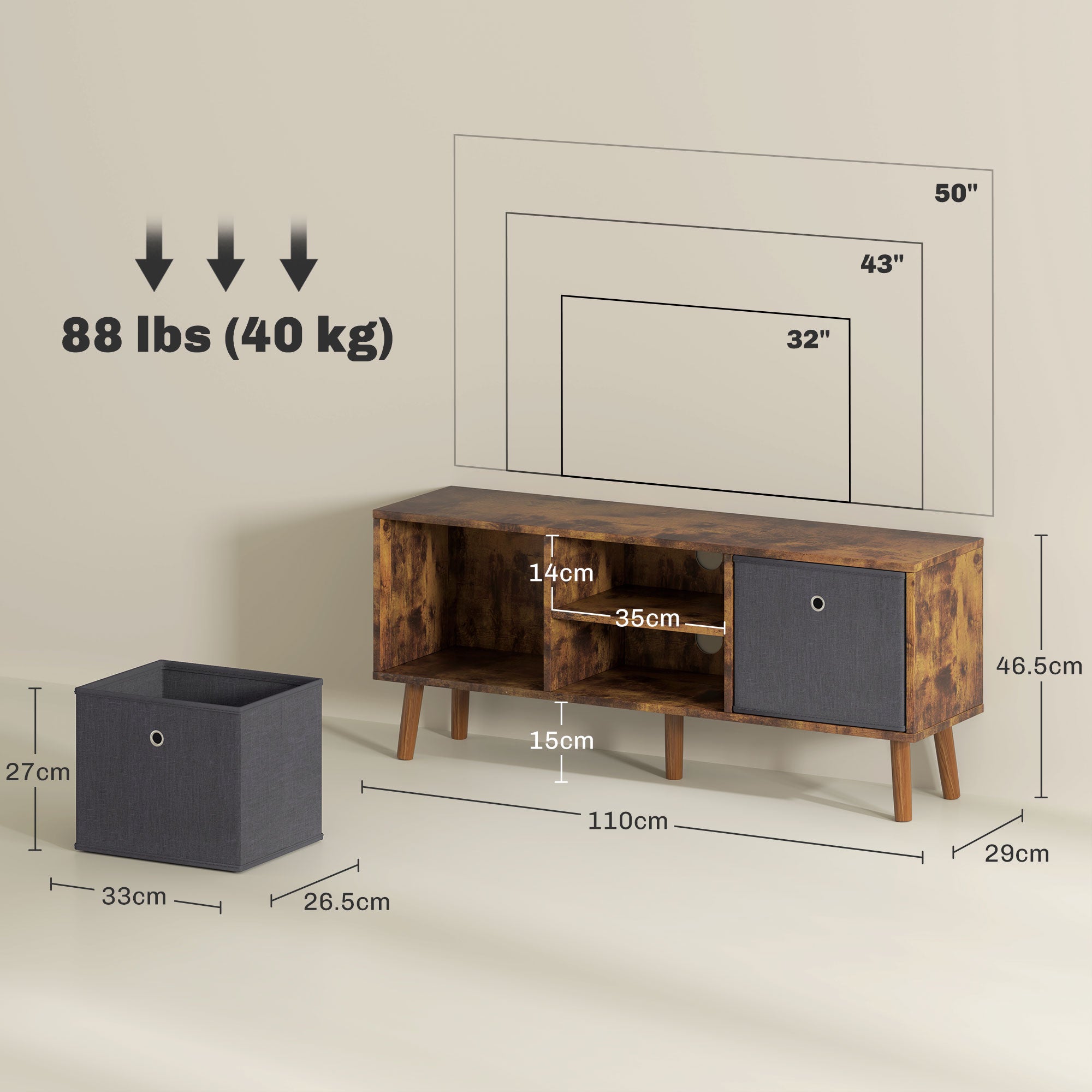 HOMCOM TV Cabinet Stand Unit for TVs up to 50" Flat Screen with Foldable Drawers and Shelves, Entertainment Centre for Living Room, Bedroom Rustic Brown