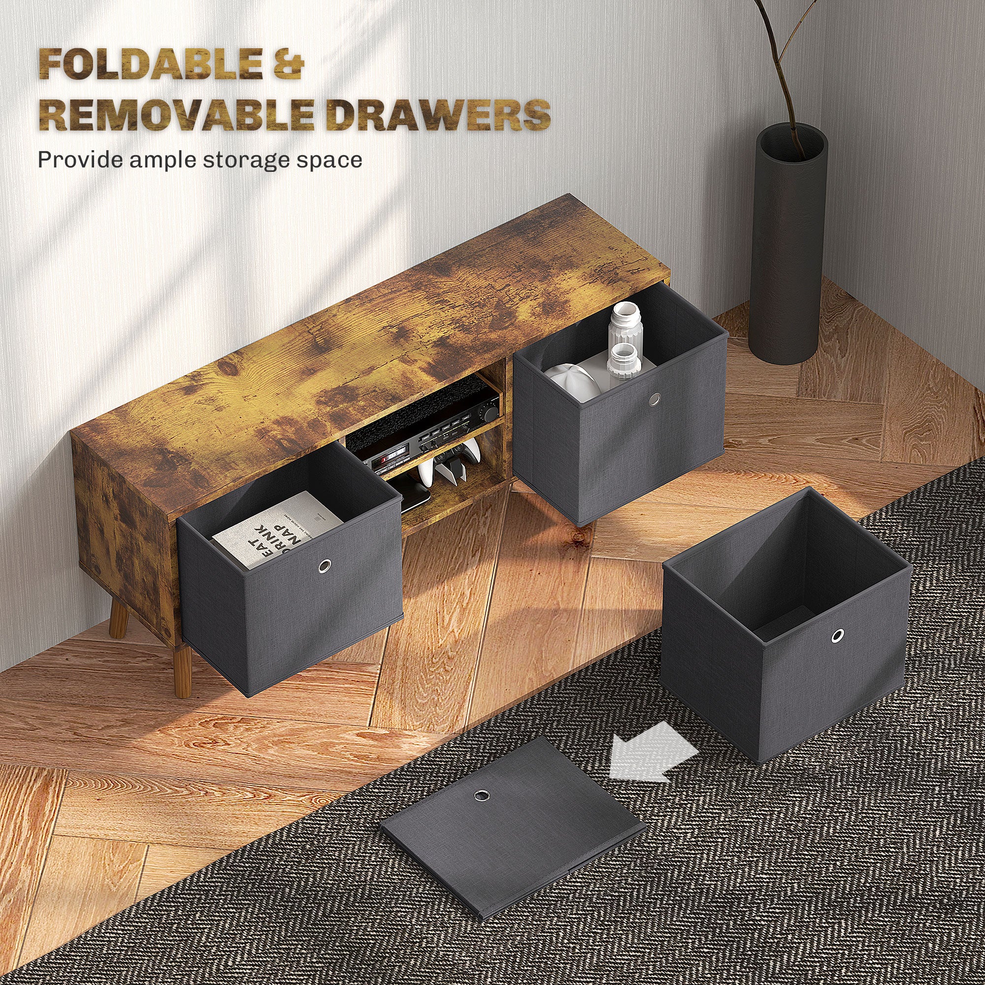 HOMCOM TV Cabinet Stand Unit for TVs up to 50" Flat Screen with Foldable Drawers and Shelves, Entertainment Centre for Living Room, Bedroom Rustic Brown