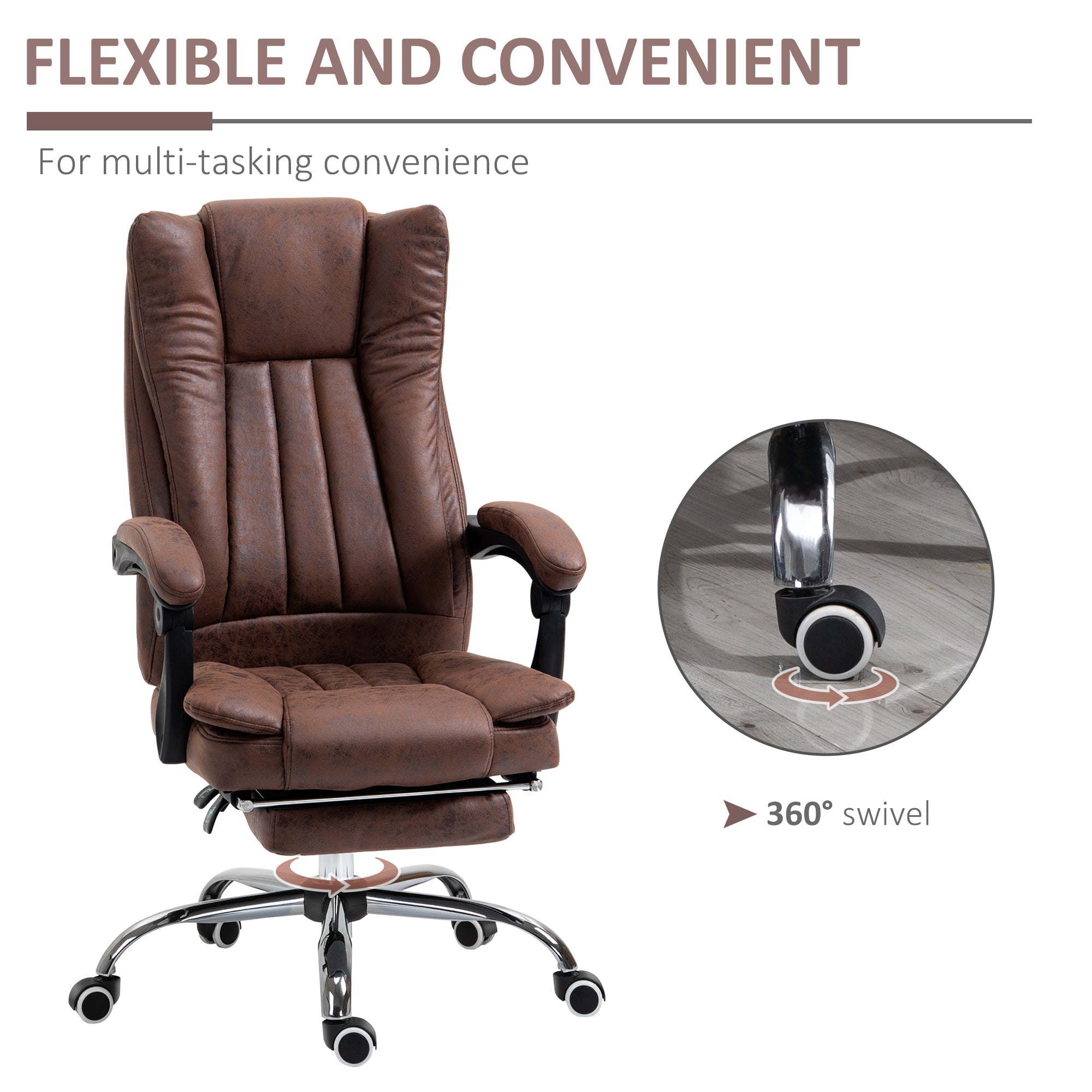 Vinsetto Office Chair, Microfibre Reclining Computer Desk Chair with Footrest and Adjustable Height, Swivel Wheels for Home Office, Brown