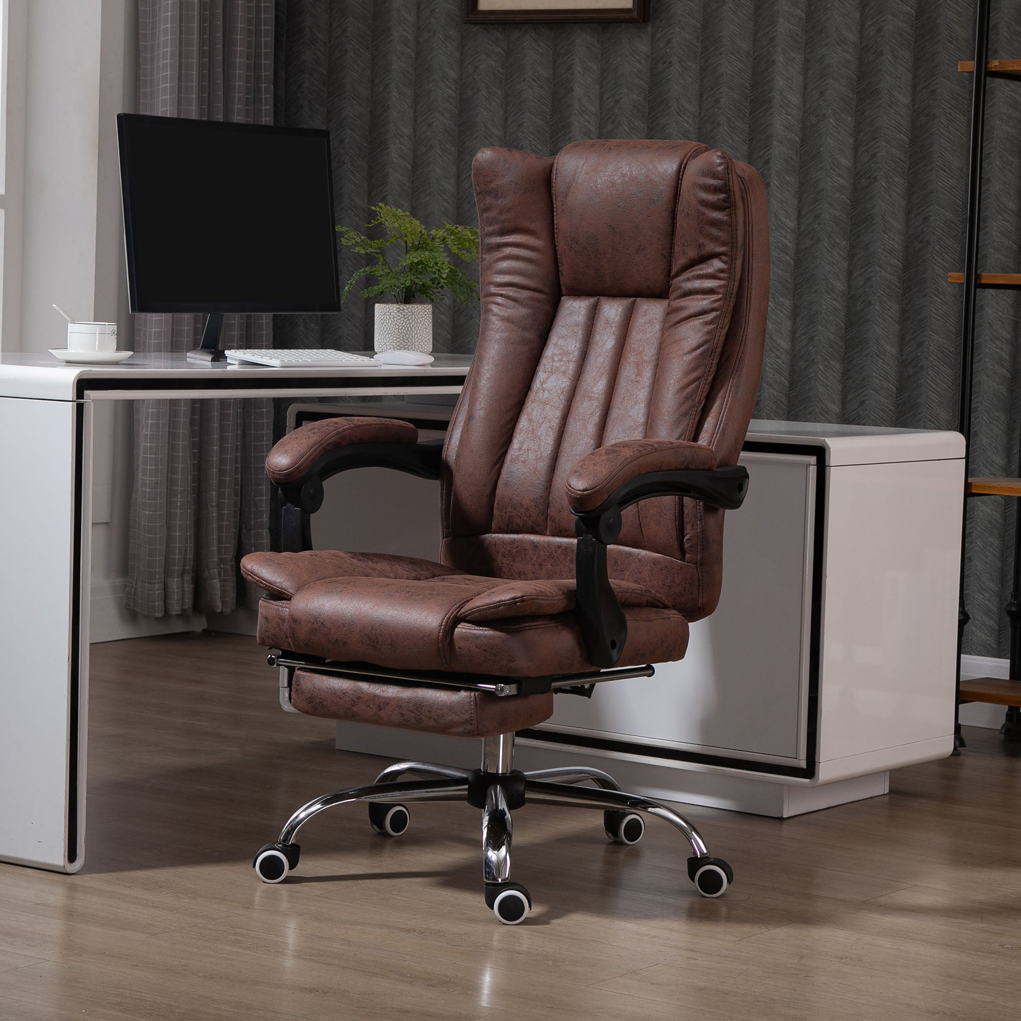 Vinsetto Office Chair, Microfibre Reclining Computer Desk Chair with Footrest and Adjustable Height, Swivel Wheels for Home Office, Brown