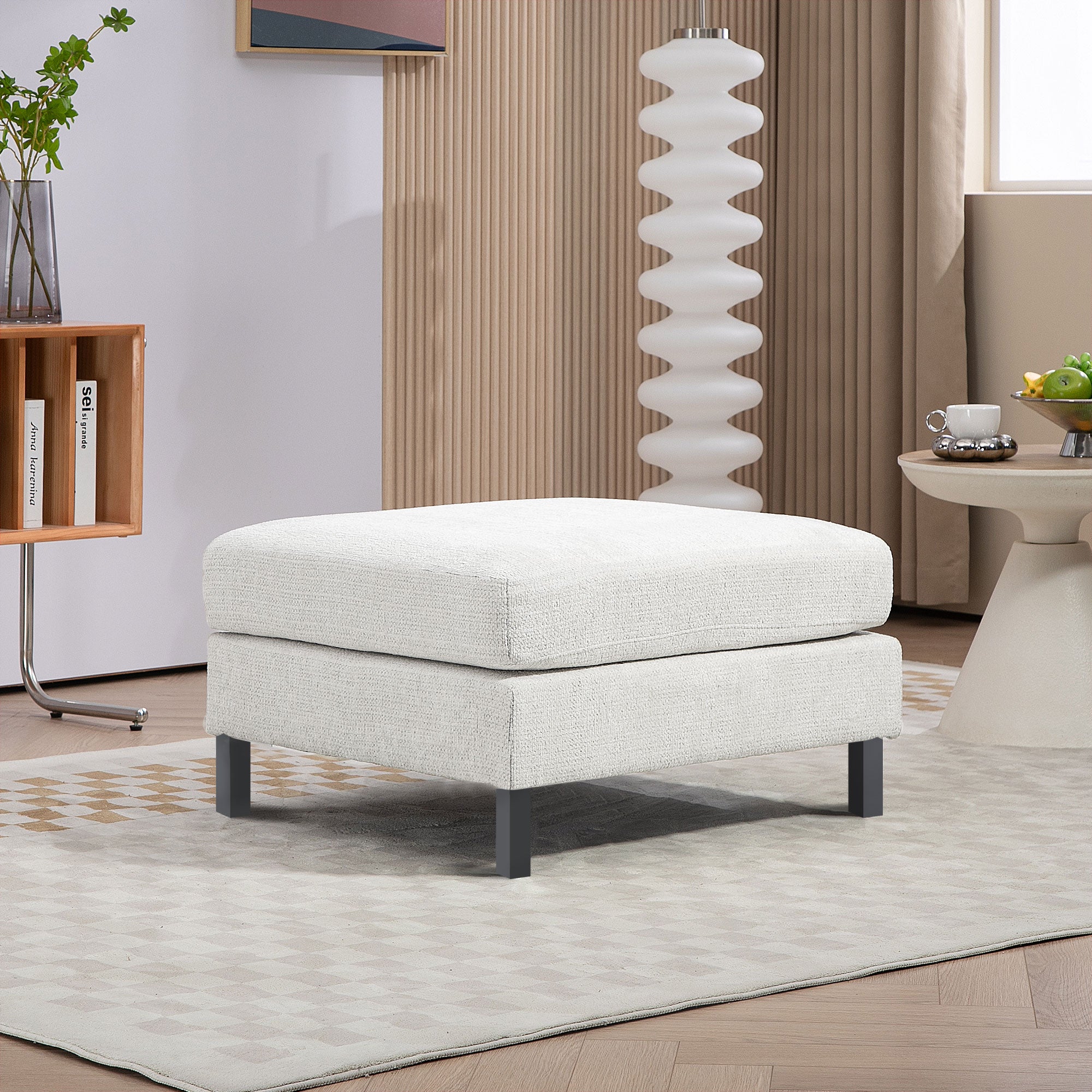 Ottoman Module for Modular Sectional Sofa, Upholstered Footrest with Wood Legs and Pocket Spring, Cream White