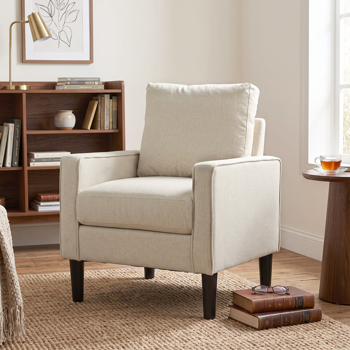 Armchair, Removable Pillow Linen Accent Chair, Comfy Spring Cushion Reading Lounge for Living Room, Bedroom, Study, Cream