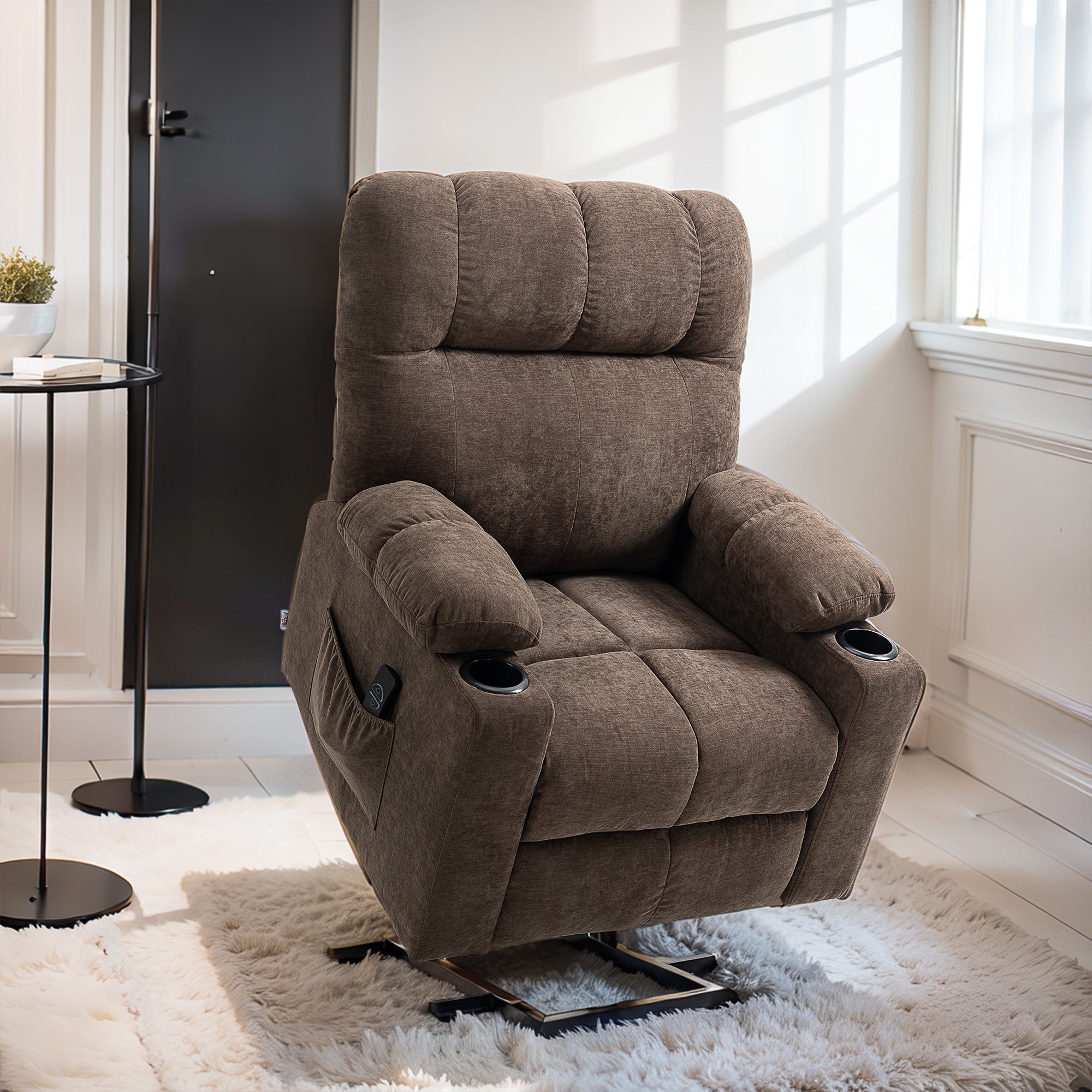 HOMCOM Power Lift Chair Recliner for Elderly, Velvet-touch Fabric Electric Riser and Recliner Chair for Living Room with Remote Control, Side Pockets, Cup Holders, Dark Brown