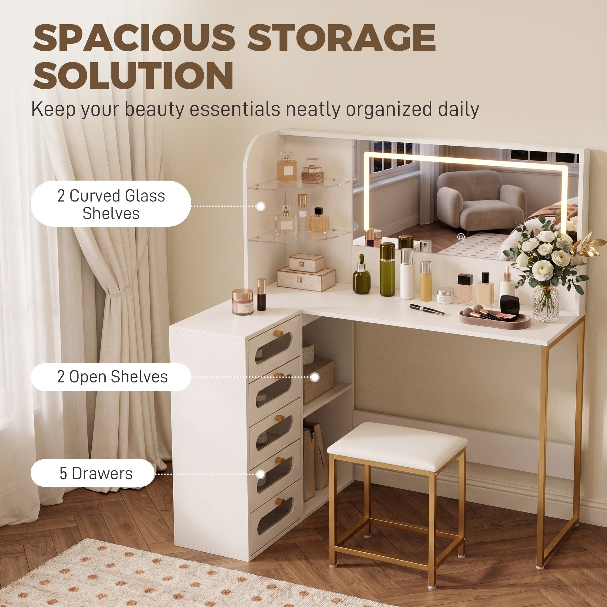 Dressing Table with Adjustable LED Mirror and Padded Stool, Corner L-Shaped Vanity Desk with 5 Drawers, 2 Open Shelves, 2 Glass Shelves, Modern Makeup Table for Bedroom, 120x80x135 cm, White