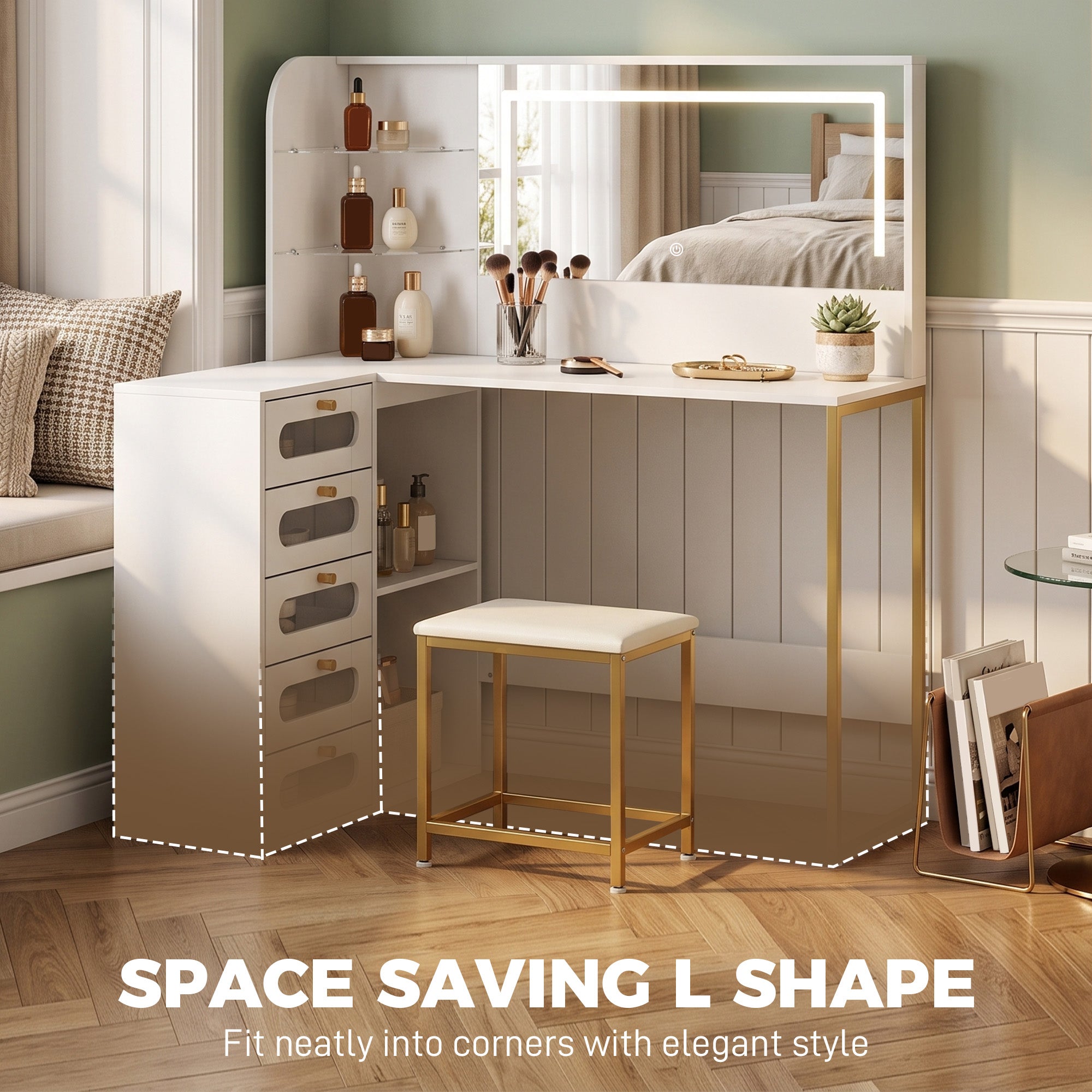 Dressing Table with Adjustable LED Mirror and Padded Stool, Corner L-Shaped Vanity Desk with 5 Drawers, 2 Open Shelves, 2 Glass Shelves, Modern Makeup Table for Bedroom, 120x80x135 cm, White
