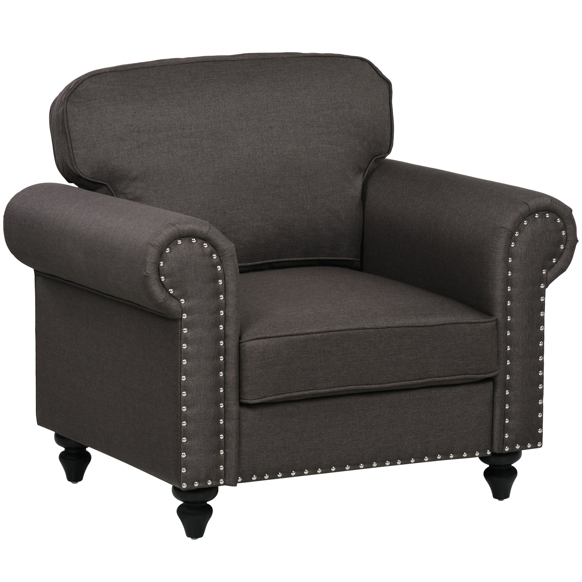 HOMCOM Armchair, Fabric Accent Chair with Nailhead Trim Rolled Arms and Slatted Wood Frame, Upholstered Lounge Chair for Living Room, Bedroom, Home Office, Dark Brown