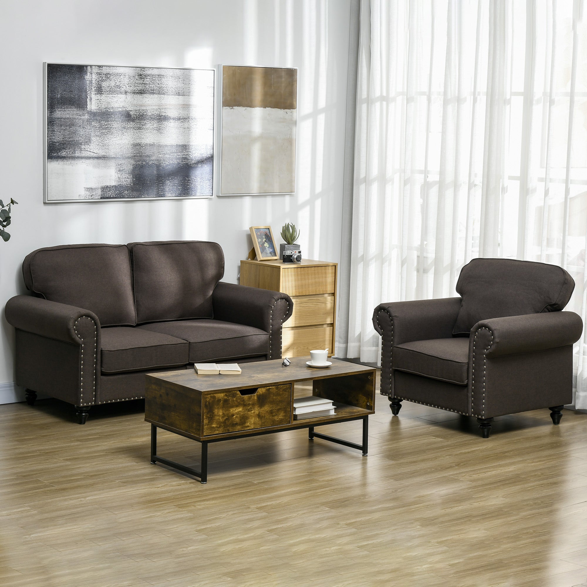 HOMCOM Armchair, Fabric Accent Chair with Nailhead Trim Rolled Arms and Slatted Wood Frame, Upholstered Lounge Chair for Living Room, Bedroom, Home Office, Dark Brown