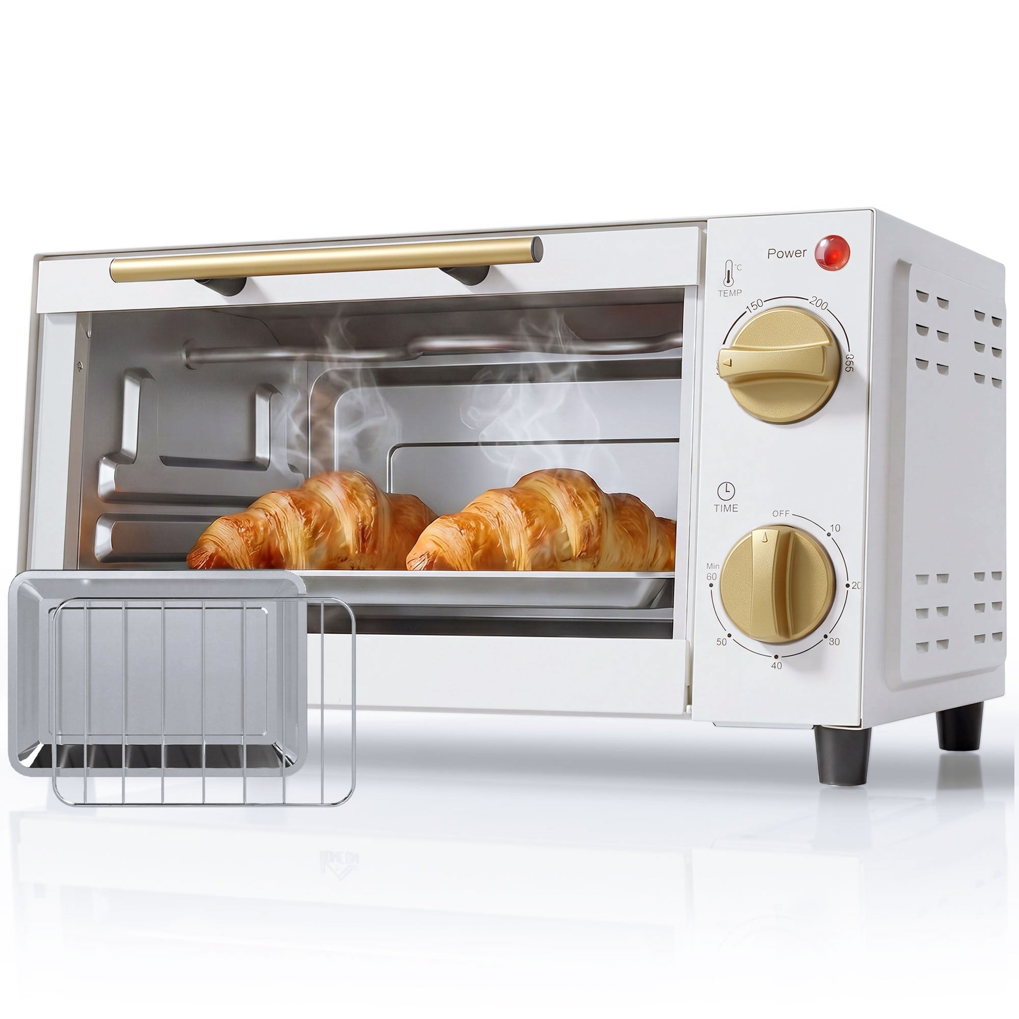 Mini Oven, 9L Countertop Electric Grill, Toaster Oven with Adjustable Temperature, Timer, Dishwasher Safe Baking Tray and Wire Rack, 750W, White