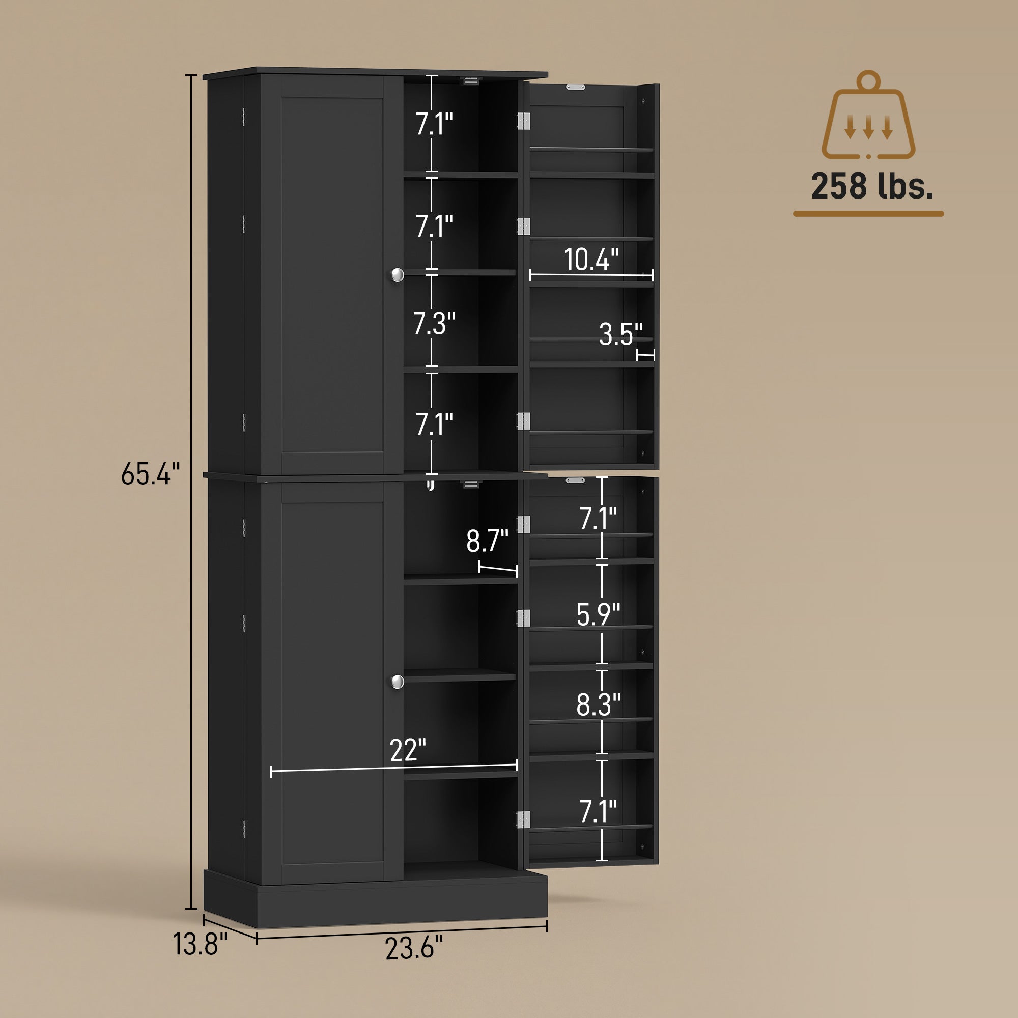65" Kitchen Pantry Cabinet, Modern Storage Cabinet with Doors and Shelves, Freestanding Cupboard for Dining Room, Black