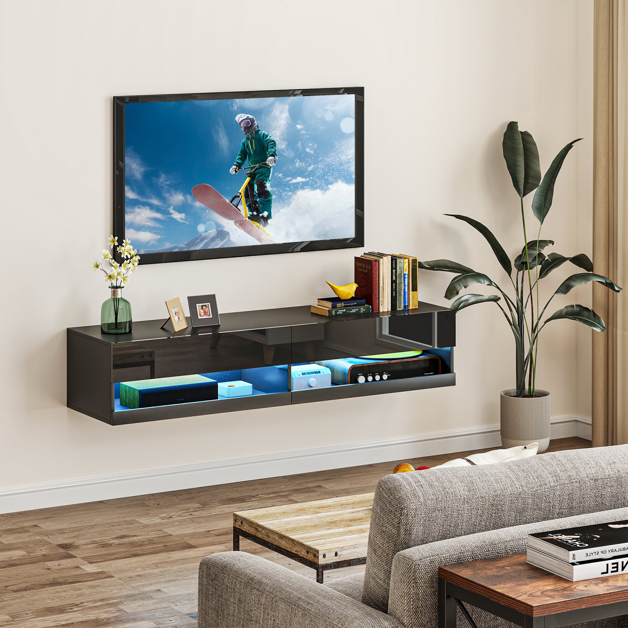 HOMCOM Floating TV Unit, Wall Mounted TV Cabinet for TVs up to 65", High Gloss Media Wall Unit with LED Lights, Storage Shelves for Living Entertainment Room, Black