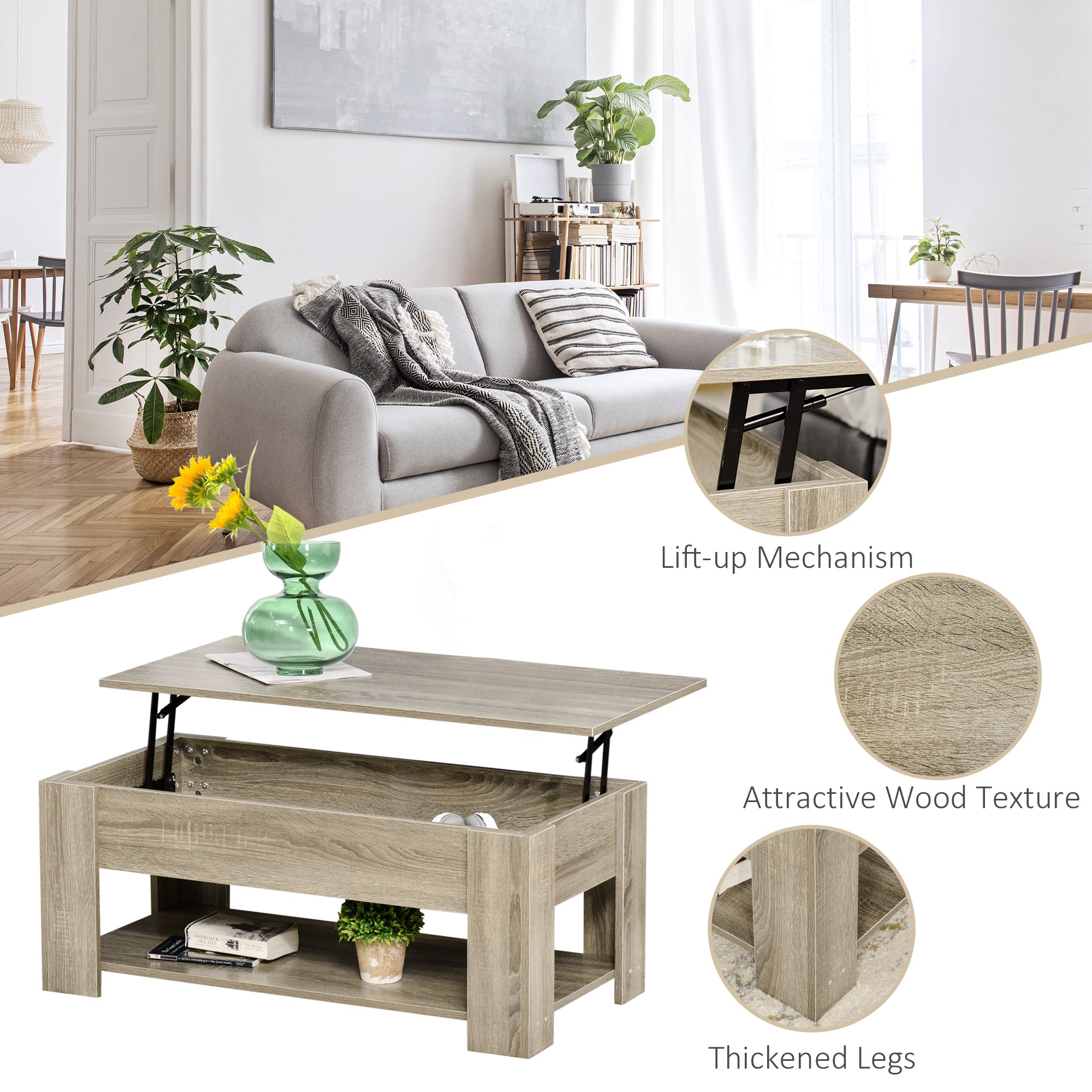 HOMCOM Lift Top Coffee Table with Hidden Storage Compartment and Open Shelf, Center Table for Living Room, Grey